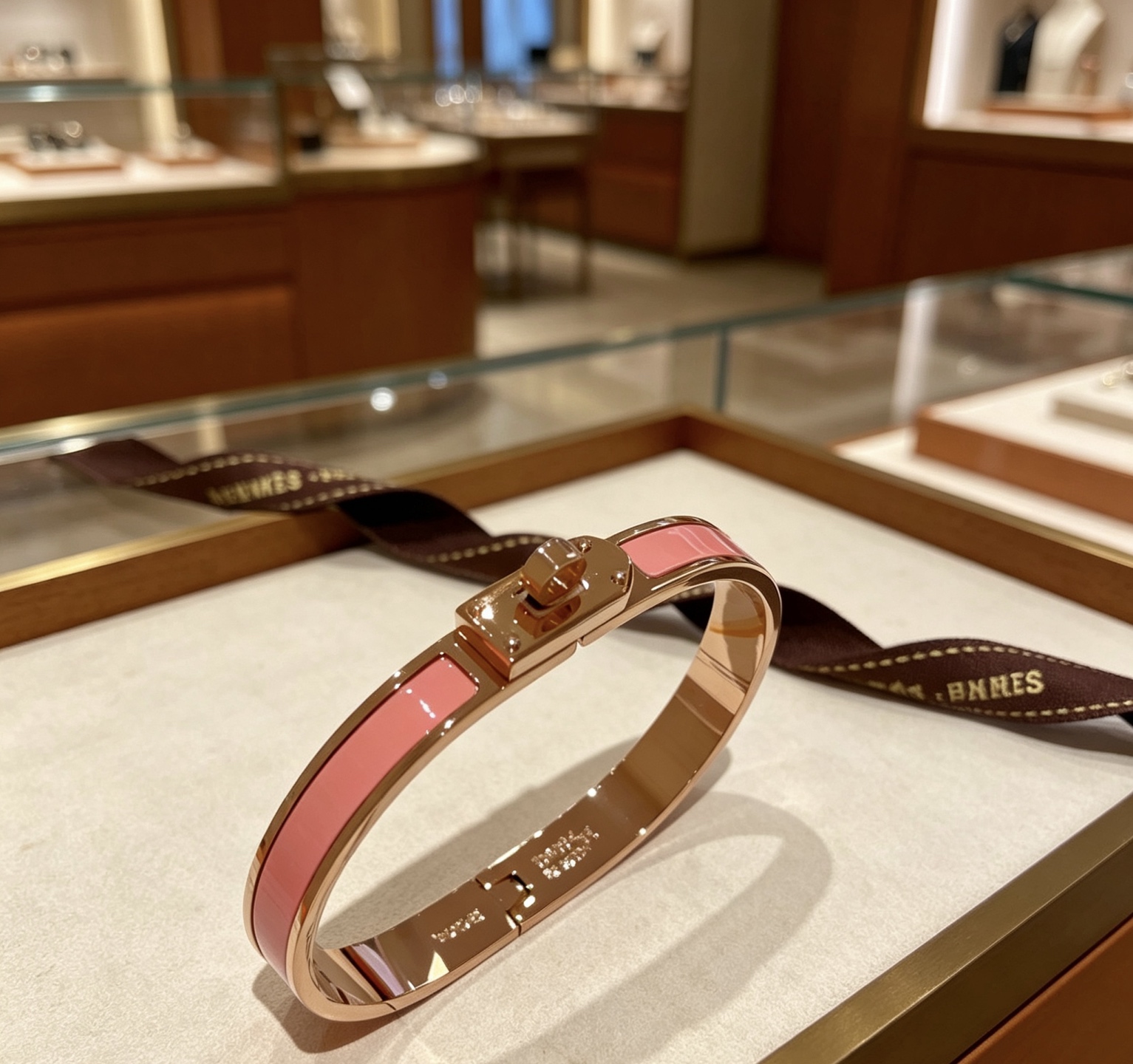 Pulseira Hermes Mini Clic Kelly Metal banhado a ouro rosa com incrustações de esmalte rosa circunferência interna de 17 cm