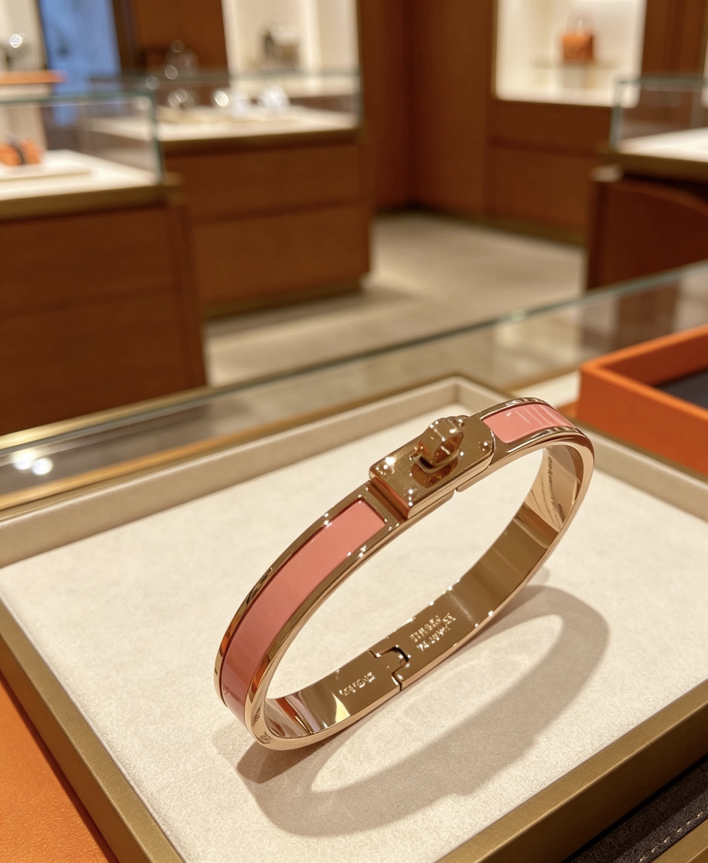 Pulseira Hermes Mini Clic Kelly Metal banhado a ouro rosa com incrustações de esmalte rosa circunferência interna de 17 cm