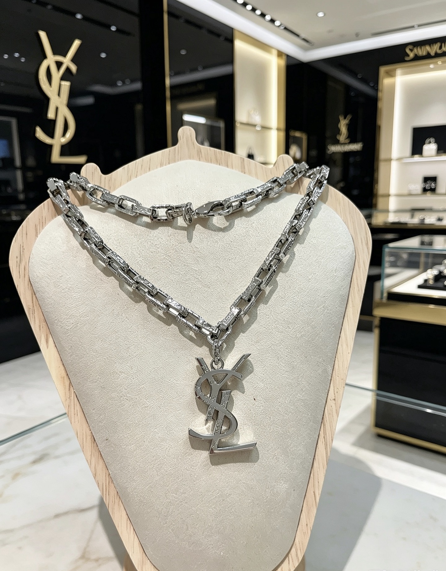 Saint Laurent Cassandre YSL Monogram Pendant Chain necklace silver-toned metal with clear pave crystal accents 60cm