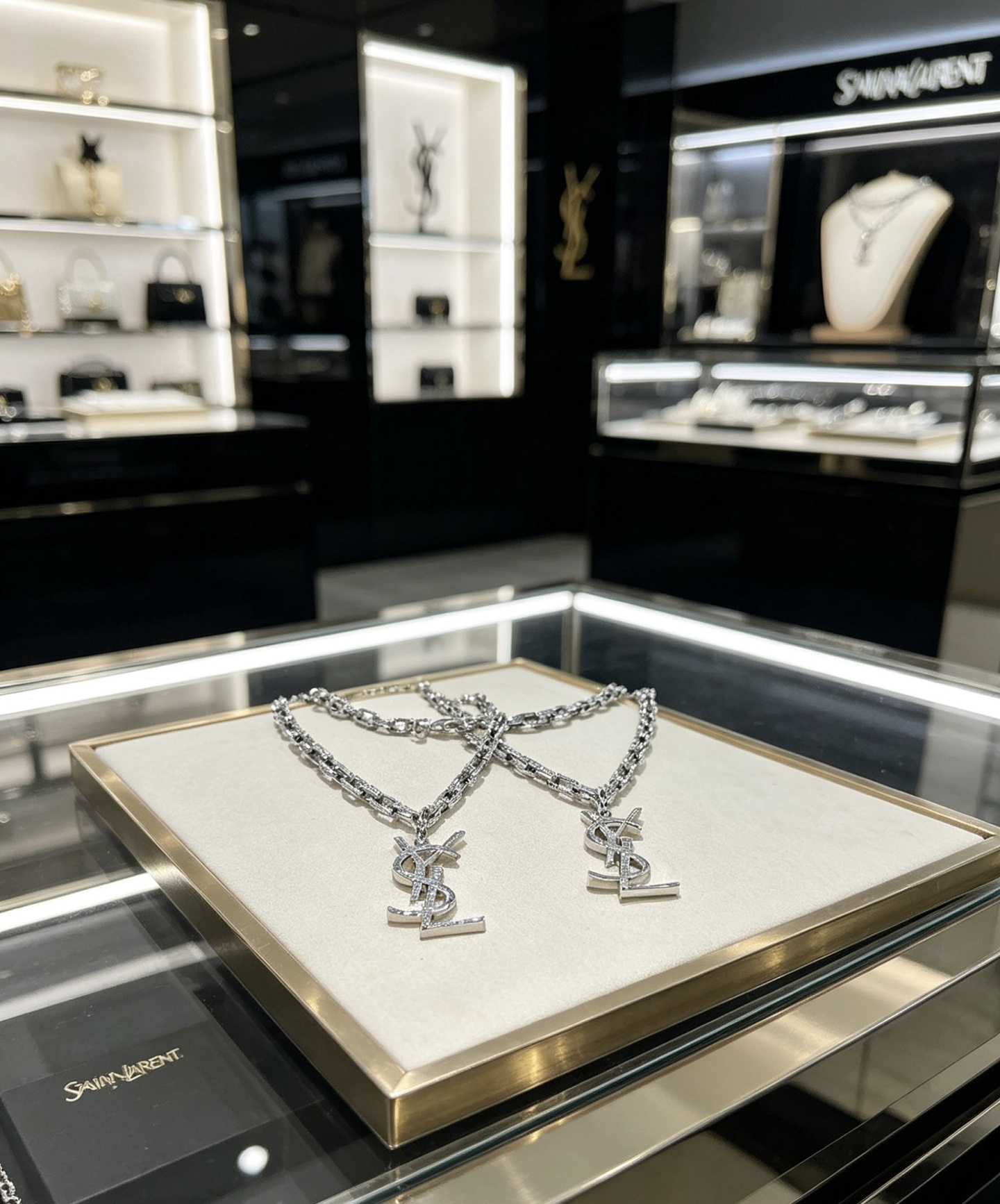Saint Laurent Cassandre YSL Monogram Pendant Chain necklace silver-toned metal with clear pave crystal accents 60cm