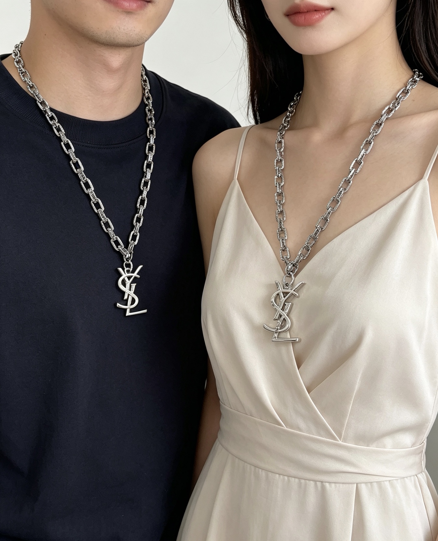 Saint Laurent Cassandre YSL Monogram Pendant Chain necklace silver-toned metal with clear pave crystal accents 60cm