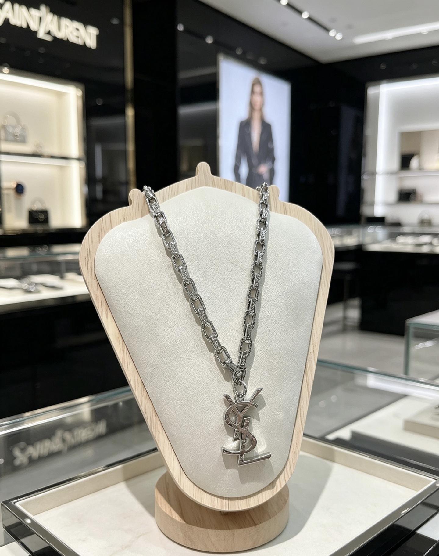 Saint Laurent Cassandre YSL Monogram Pendant Chain necklace silver-toned metal with clear pave crystal accents 60cm