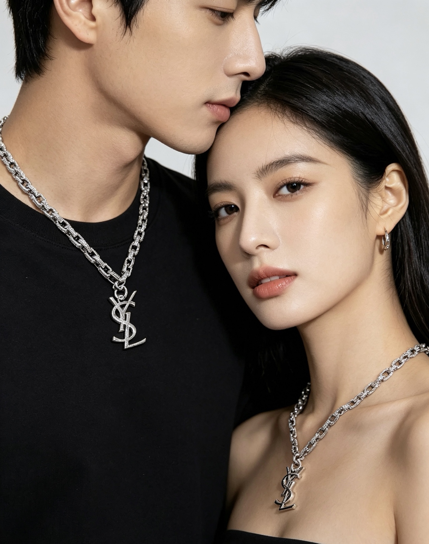 Saint Laurent Cassandre YSL Monogram Pendant Chain necklace silver-toned metal with clear pave crystal accents 60cm