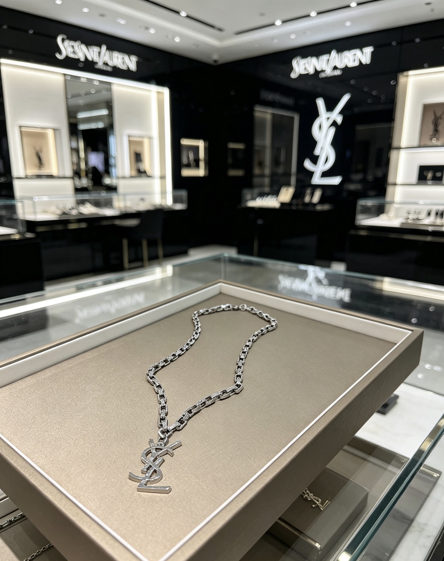 Saint Laurent Cassandre YSL Monogram Pendant Chain necklace silver-toned metal with clear pave crystal accents 60cm