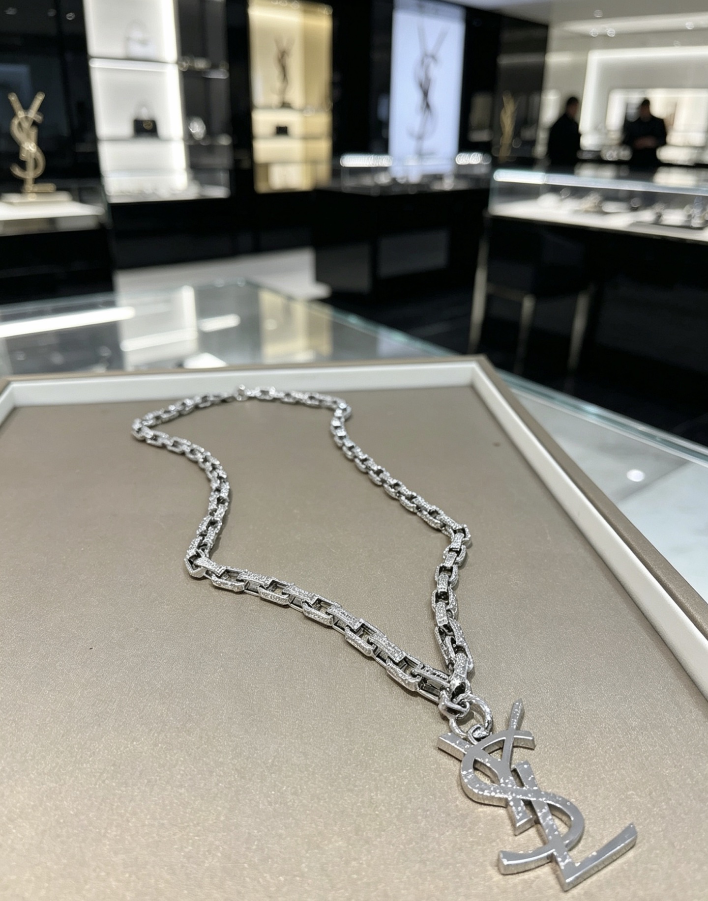 Saint Laurent Cassandre YSL Monogram Pendant Chain necklace silver-toned metal with clear pave crystal accents 60cm