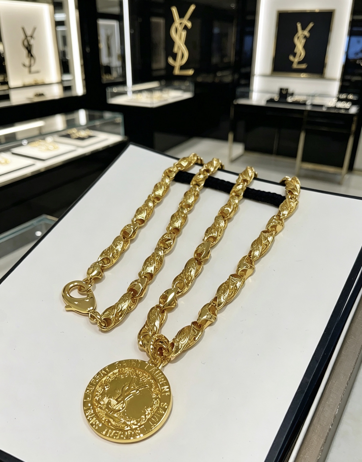 Saint Laurent YSL Monogram Coin Pendant necklace gold tone metal 60cm