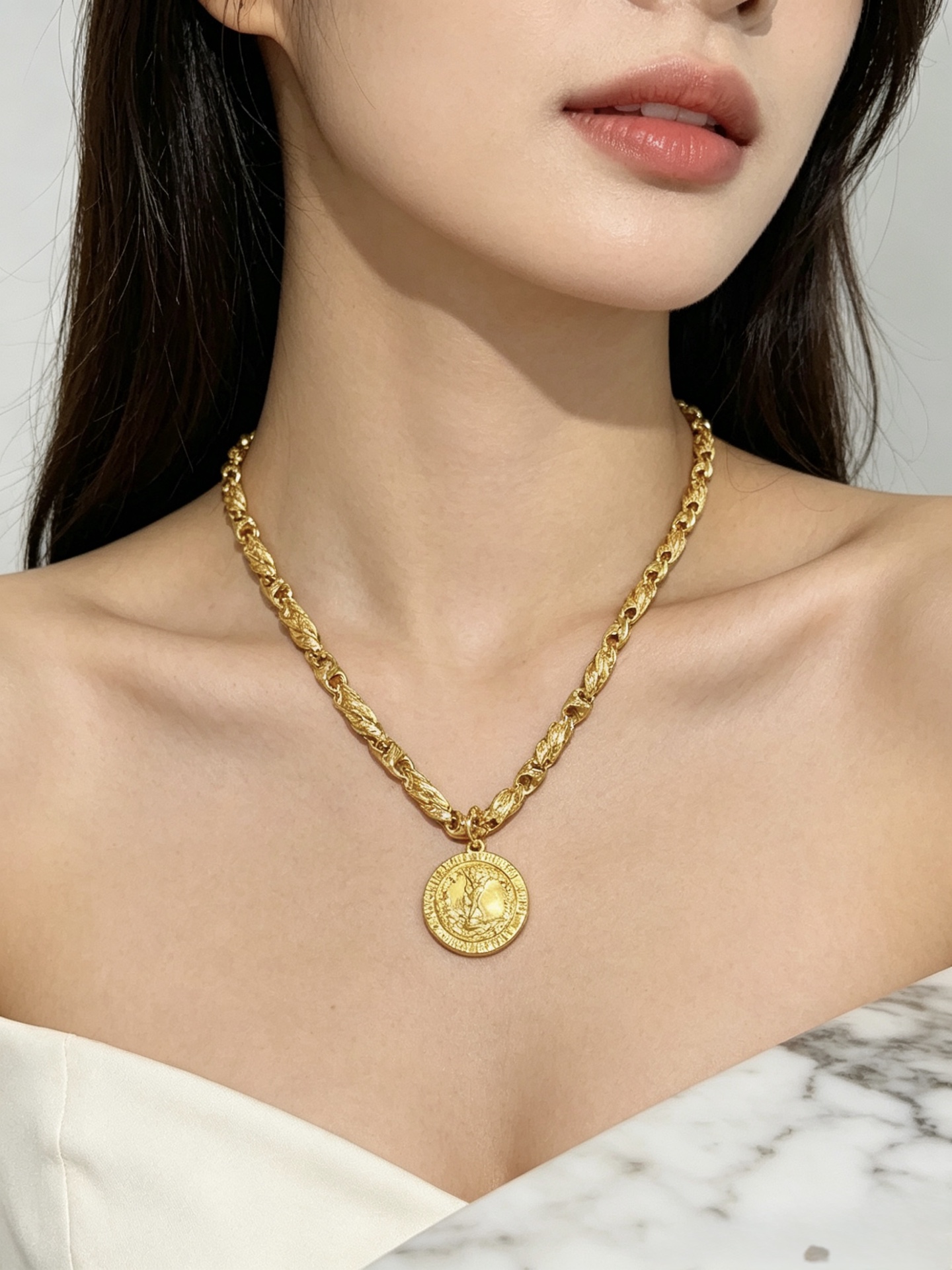 Saint Laurent YSL Monogram Coin Pendant necklace gold tone metal 60cm