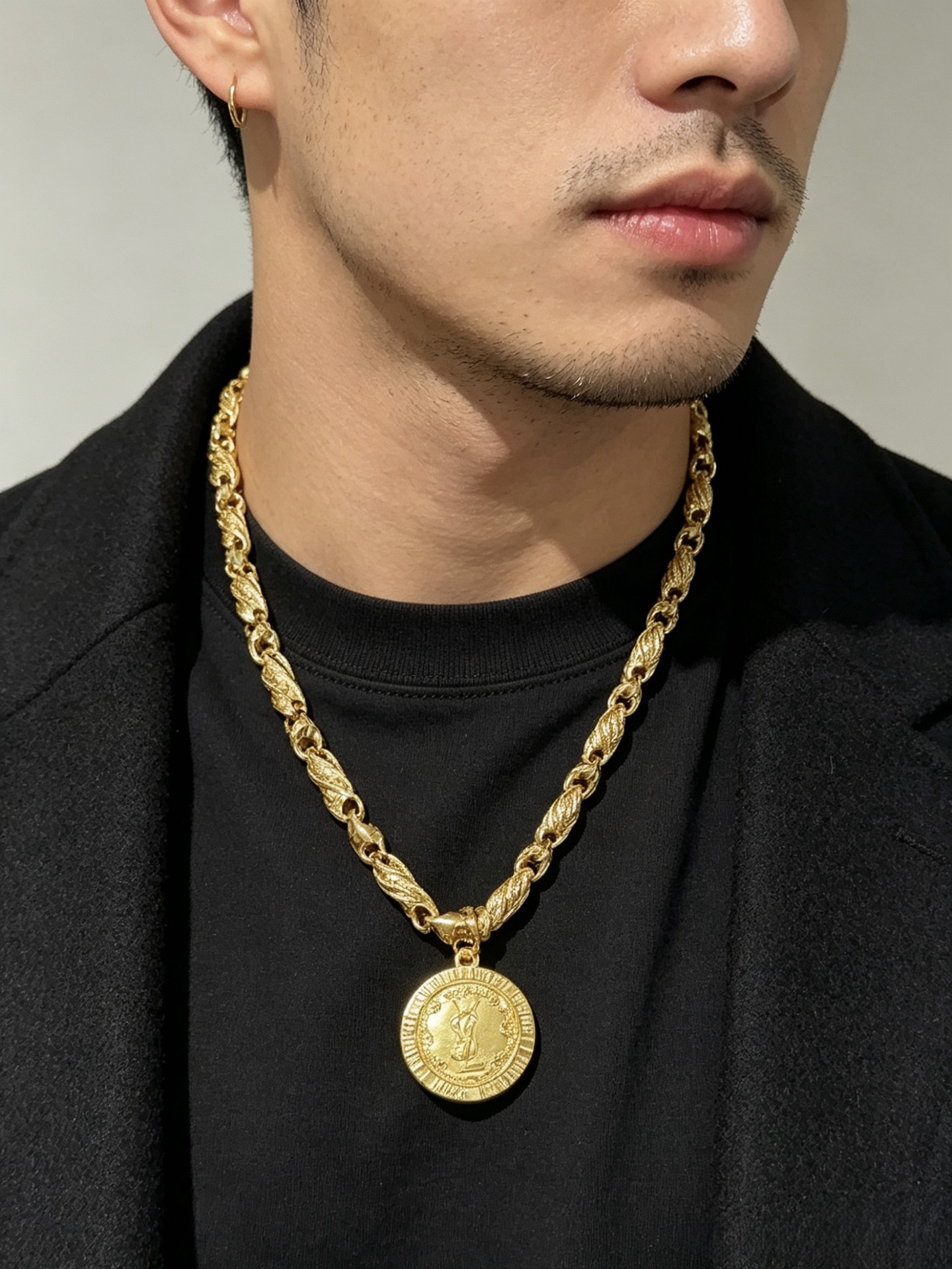 Saint Laurent YSL Monogram Coin Pendant necklace gold tone metal 60cm