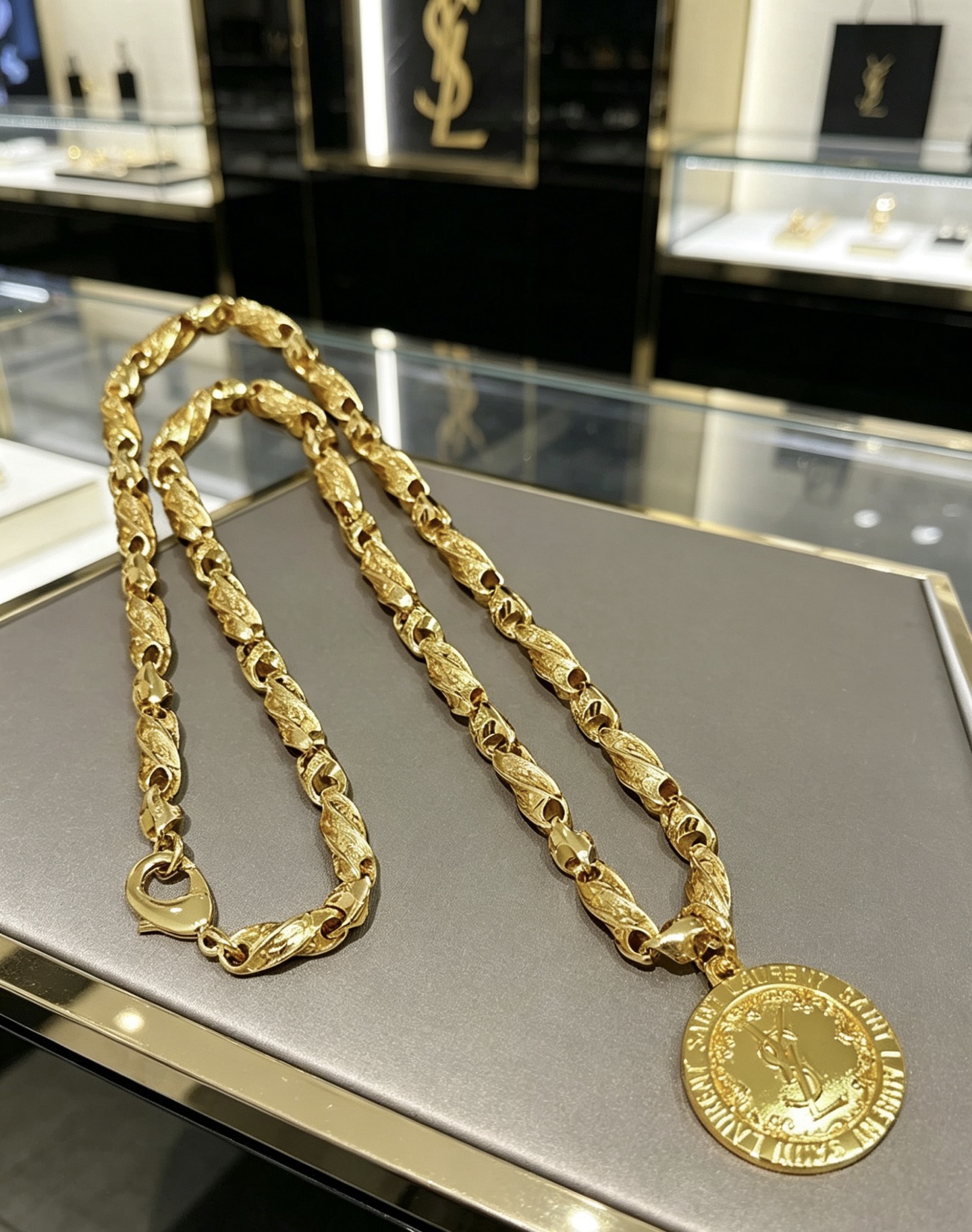 Saint Laurent YSL Monogram Coin Pendant necklace gold tone metal 60cm