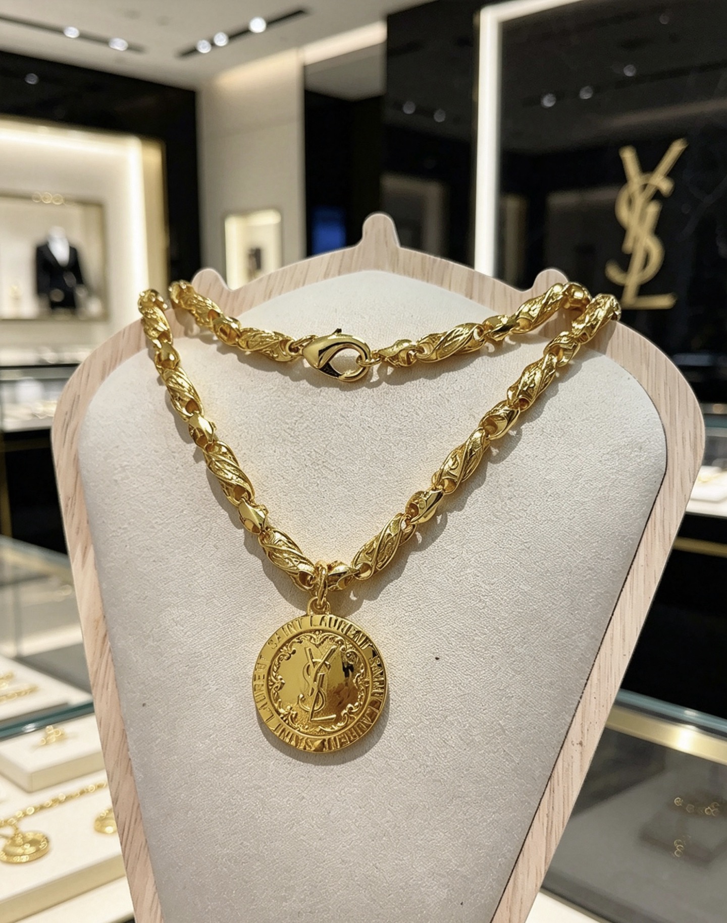 Saint Laurent YSL Monogram Coin Pendant necklace gold tone metal 60cm