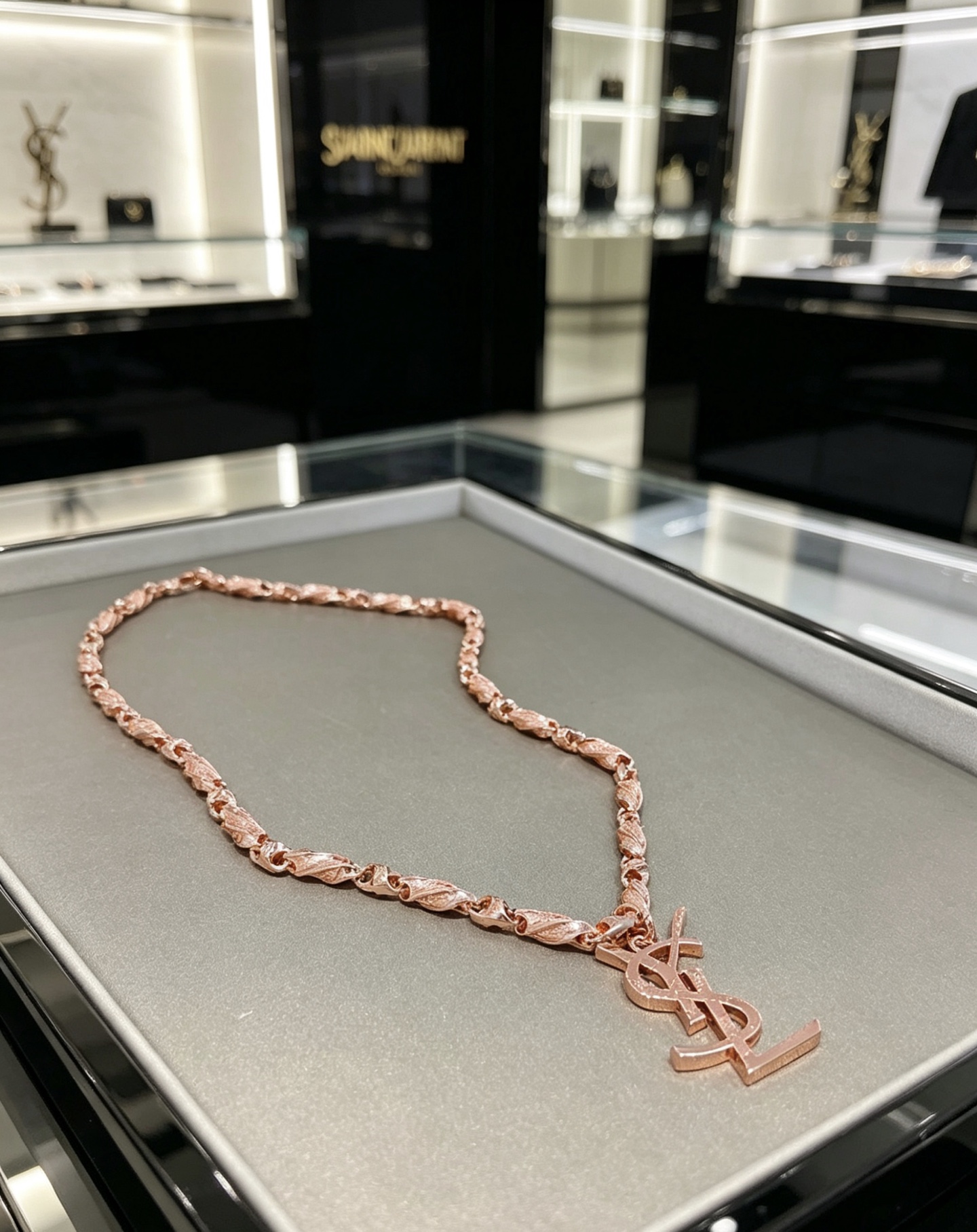 Saint Laurent Cassandre Monogram Pendant necklace Rose gold tone metal no gemstones 60cm
