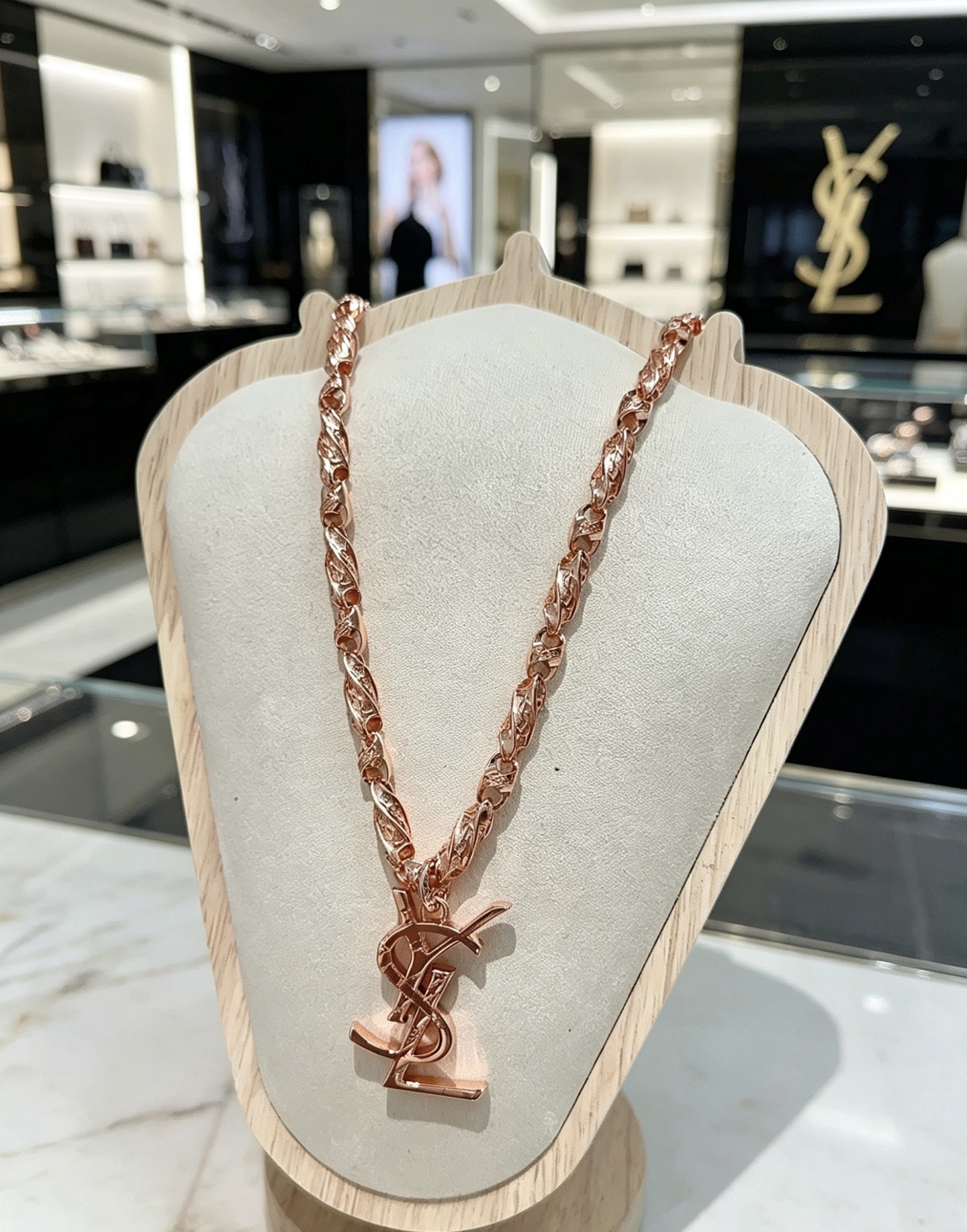 Saint Laurent Cassandre Monogram Pendant necklace Rose gold tone metal no gemstones 60cm
