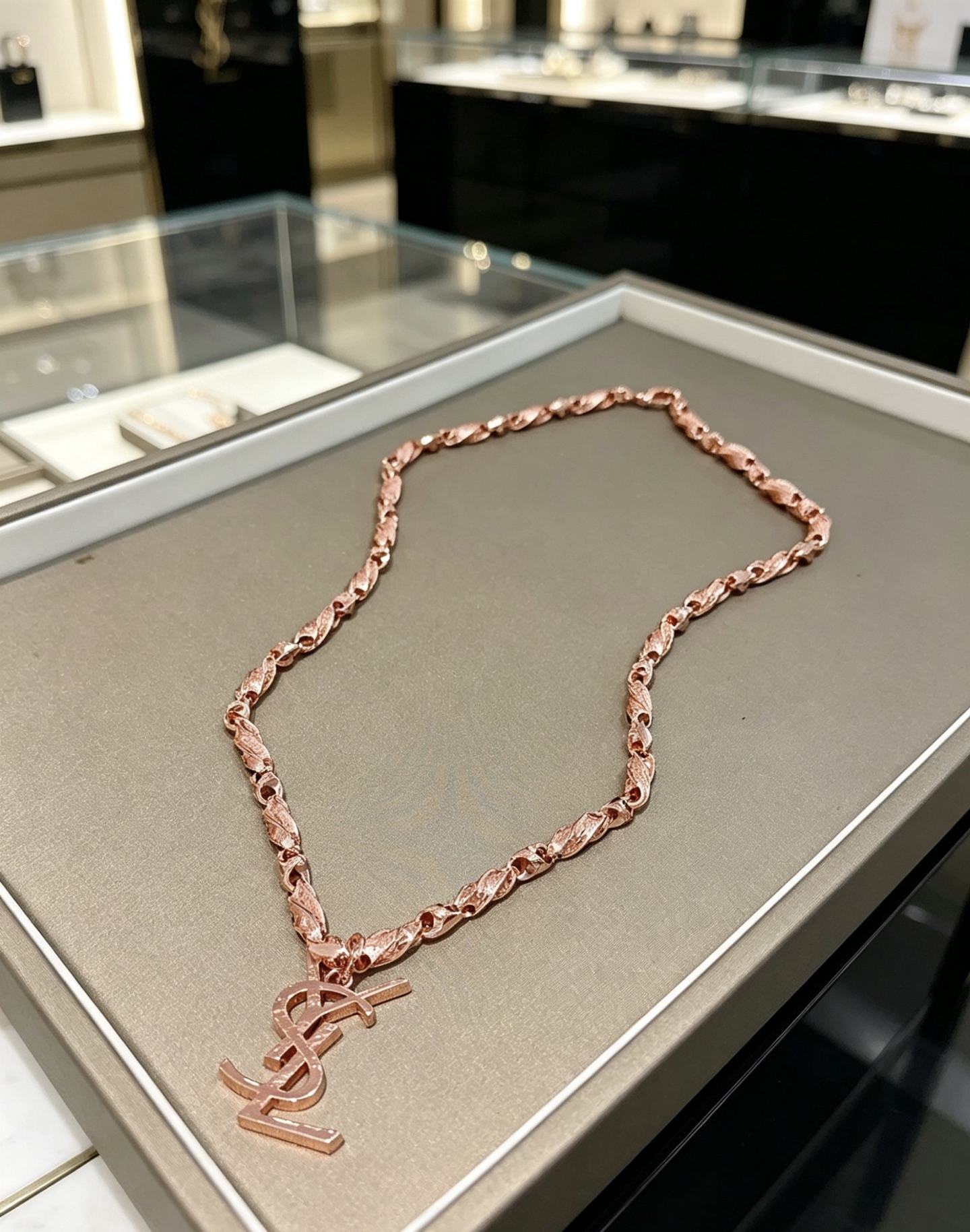 Saint Laurent Cassandre Monogram Pendant necklace Rose gold tone metal no gemstones 60cm