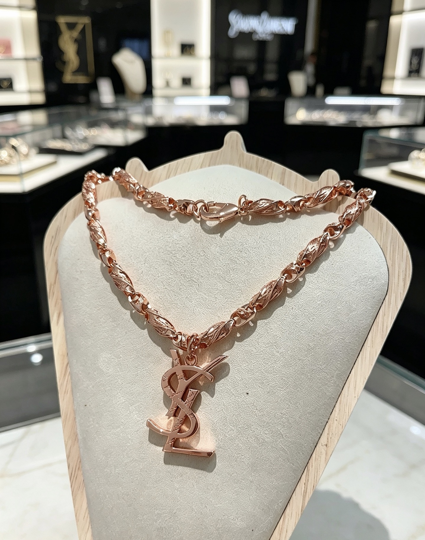 Saint Laurent Cassandre Monogram Pendant necklace Rose gold tone metal no gemstones 60cm