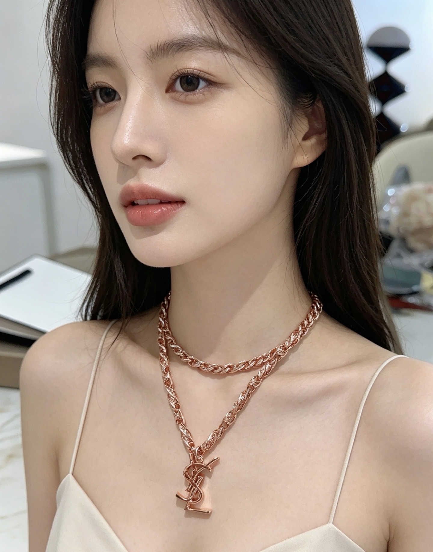Saint Laurent Cassandre Monogram Pendant necklace Rose gold tone metal no gemstones 60cm