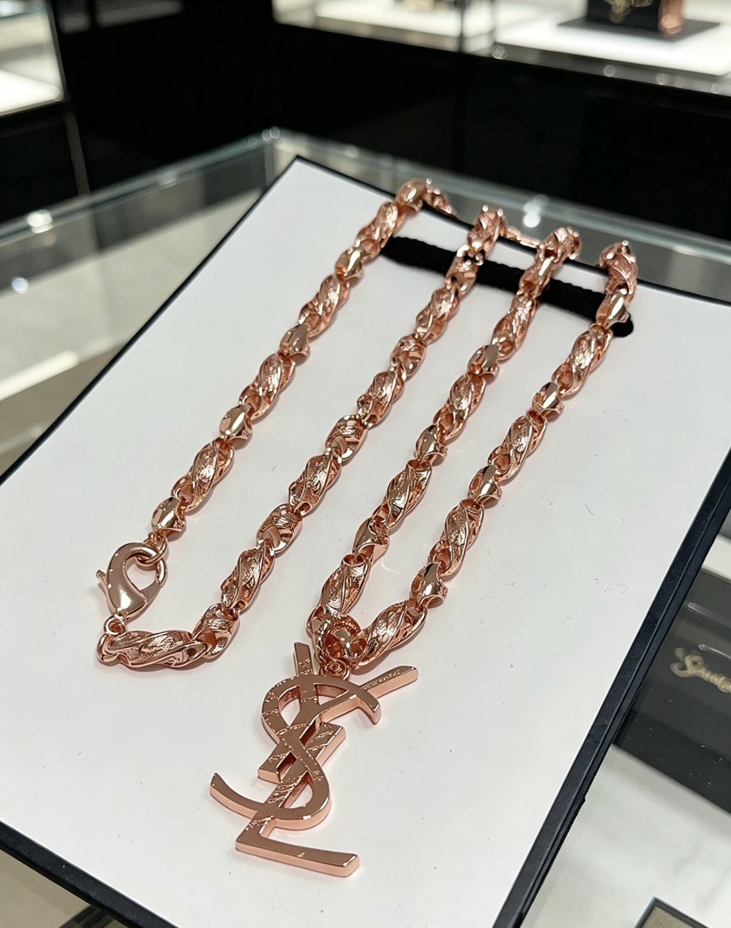 Saint Laurent Cassandre Monogram Pendant necklace Rose gold tone metal no gemstones 60cm