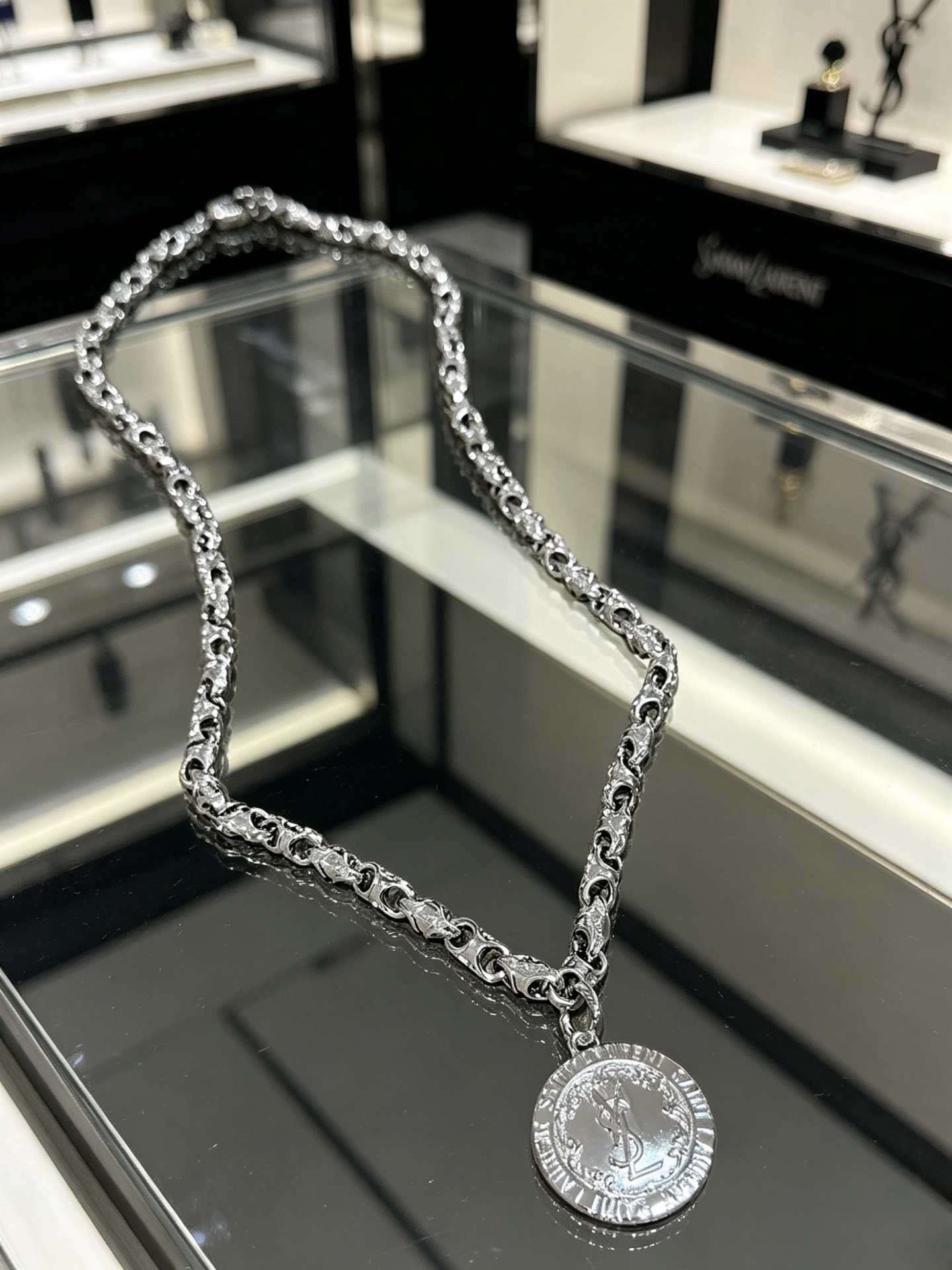 Saint Laurent Cassandre Coin Pendant Chain Necklace necklace silver-toned metal no accent stones 60cm