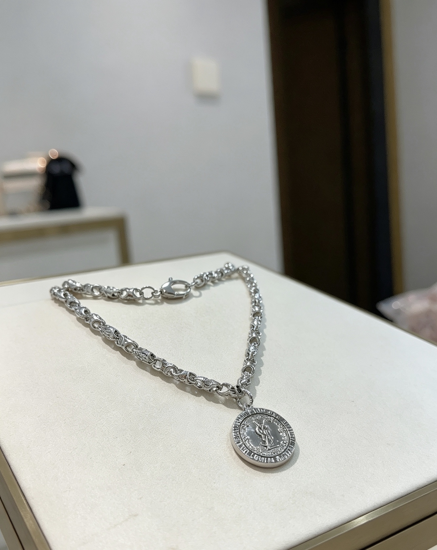 Saint Laurent Cassandre Coin Pendant Chain Necklace necklace silver-toned metal no accent stones 60cm