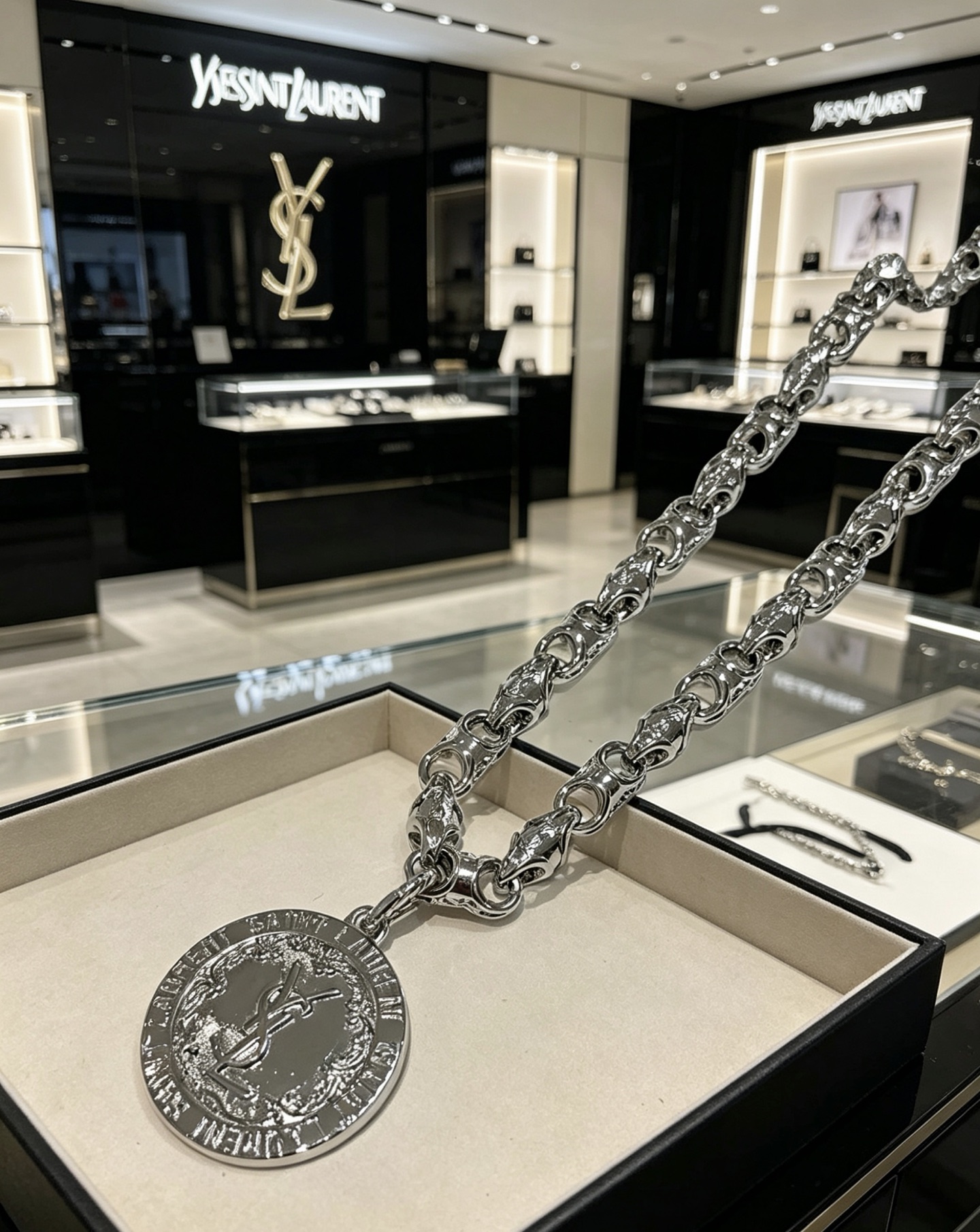 Saint Laurent Cassandre Coin Pendant Chain Necklace necklace silver-toned metal no accent stones 60cm