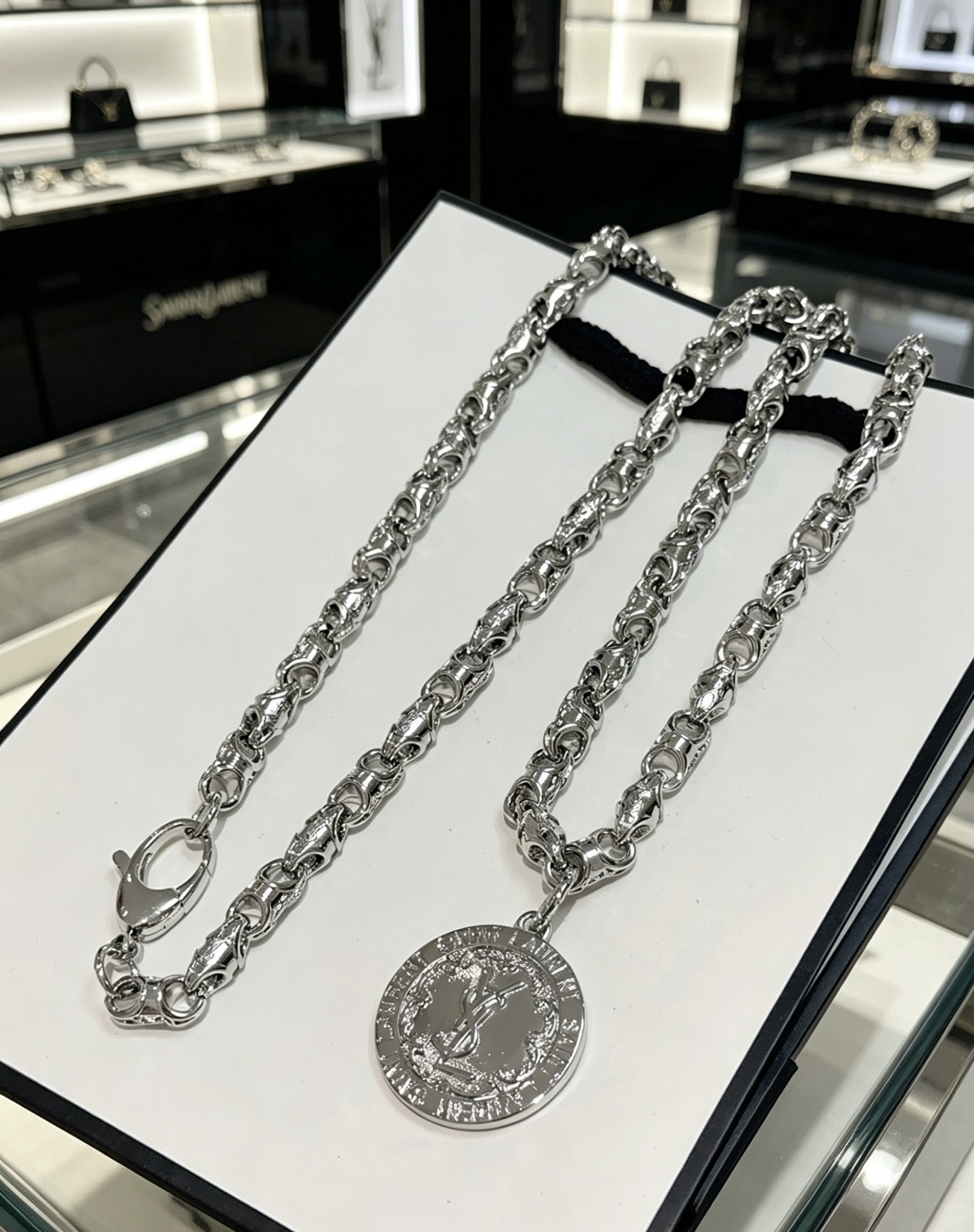 Saint Laurent Cassandre Coin Pendant Chain Necklace necklace silver-toned metal no accent stones 60cm