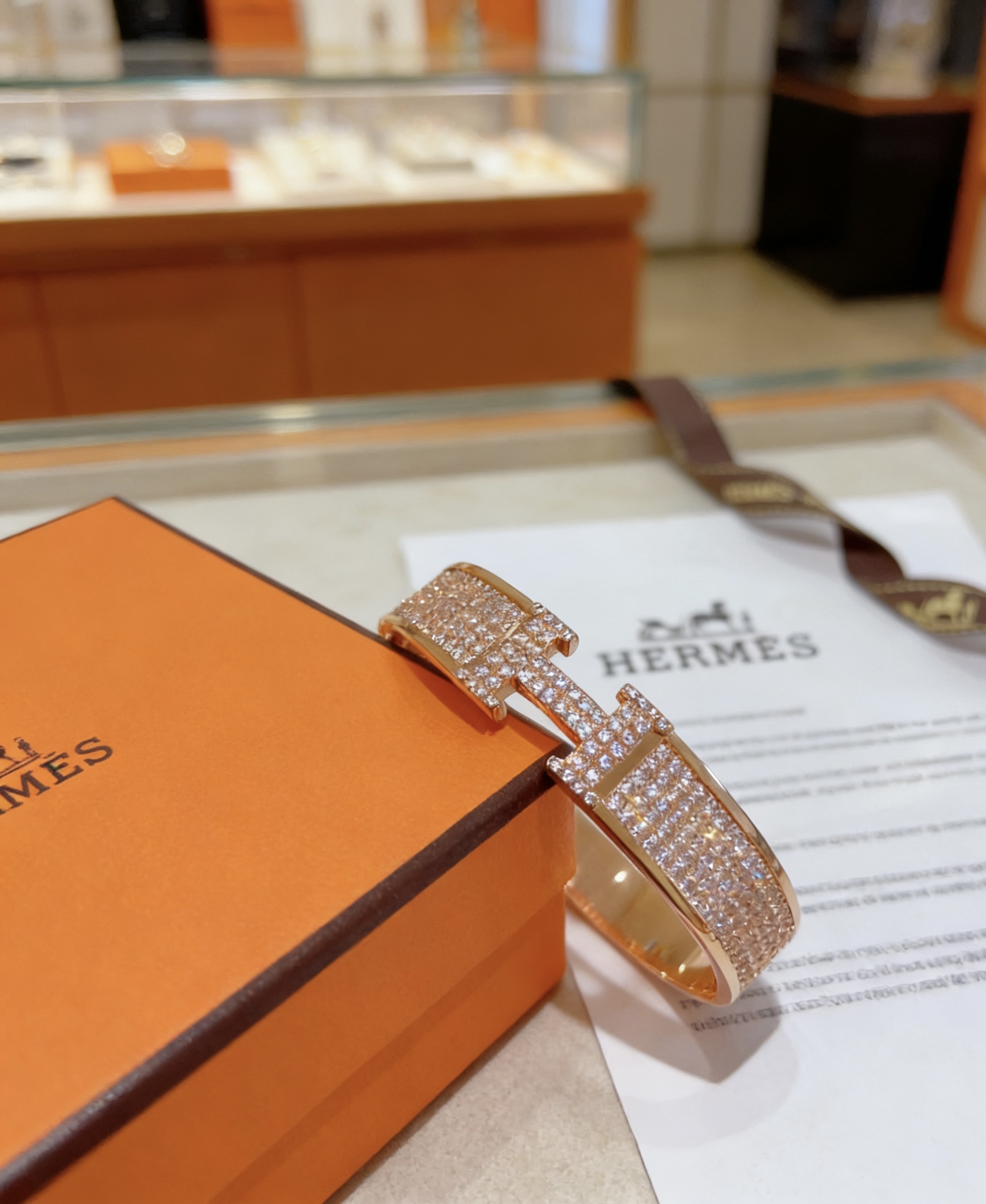 Bracciale Hermes Clic H Oro rosa con diamanti trasparenti full-pave 17 cm