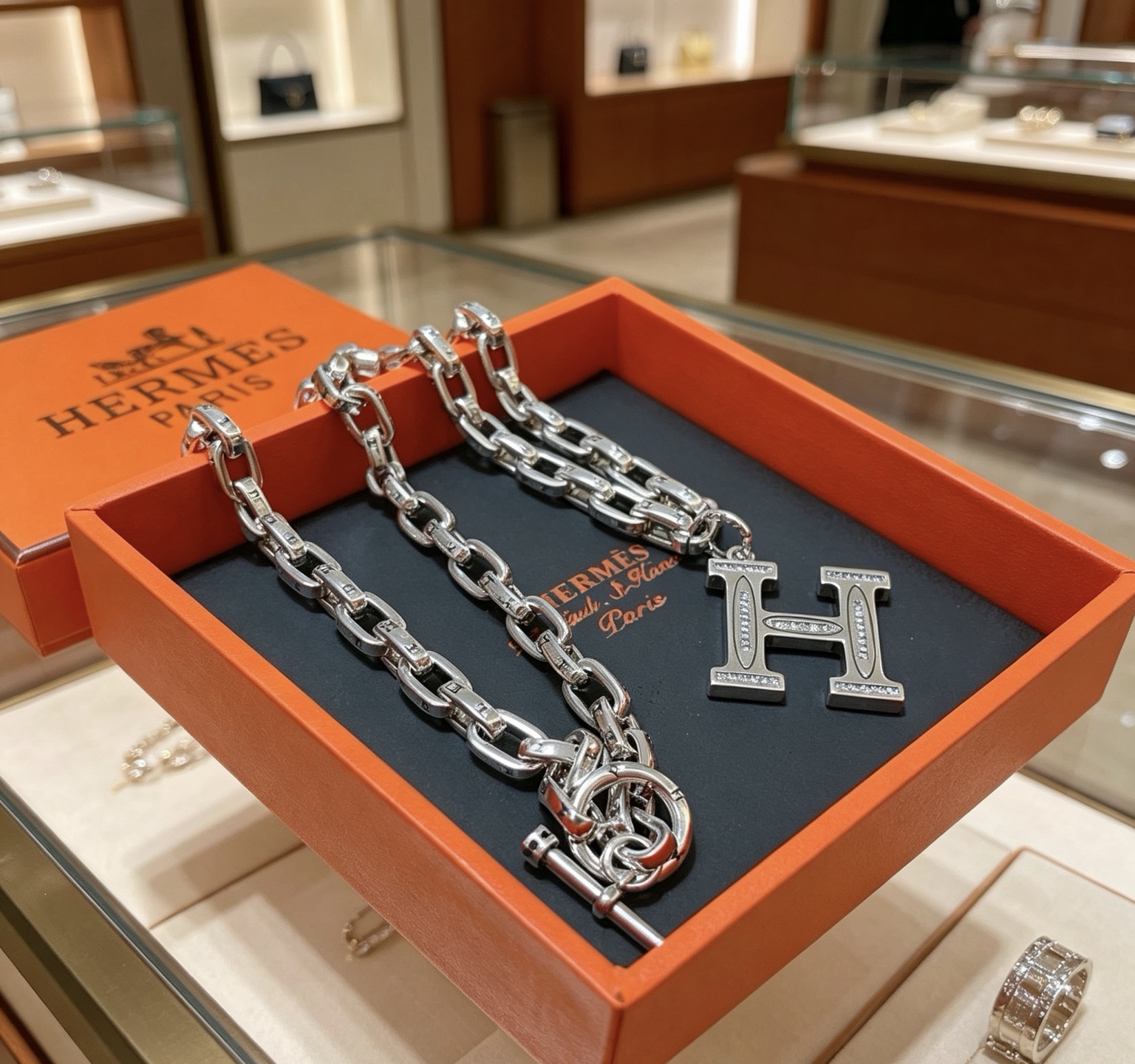 Collana con catena Hermes H Logo Toggle Collana in metallo color argento con accenti in pietra trasparente simile a diamante sul pendente H 60 cm