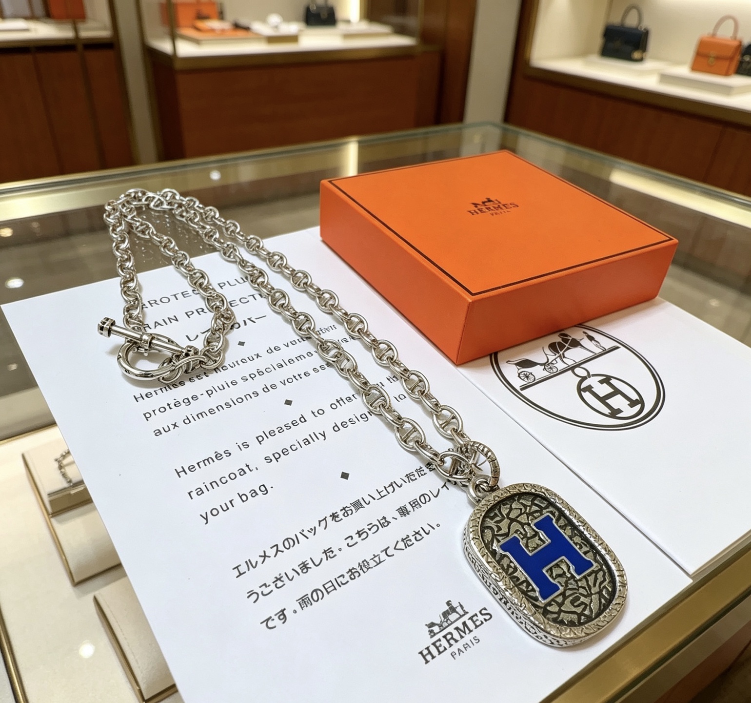 Ciondolo ovale Hermes H Logo Collana Chaine d'Ancre Metallo color argento con dettaglio H smaltato blu 50 cm