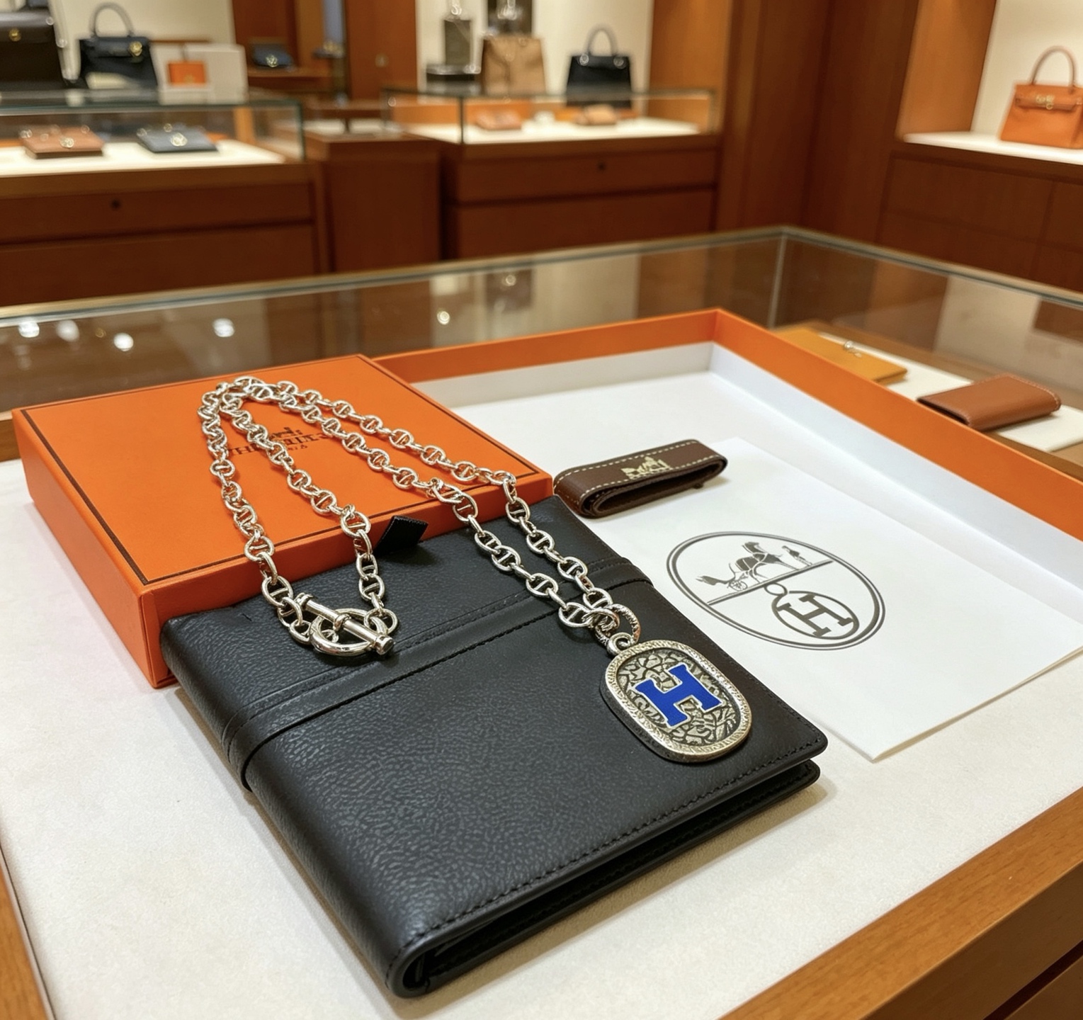 Ciondolo ovale Hermes H Logo Collana Chaine d'Ancre Metallo color argento con dettaglio H smaltato blu 50 cm