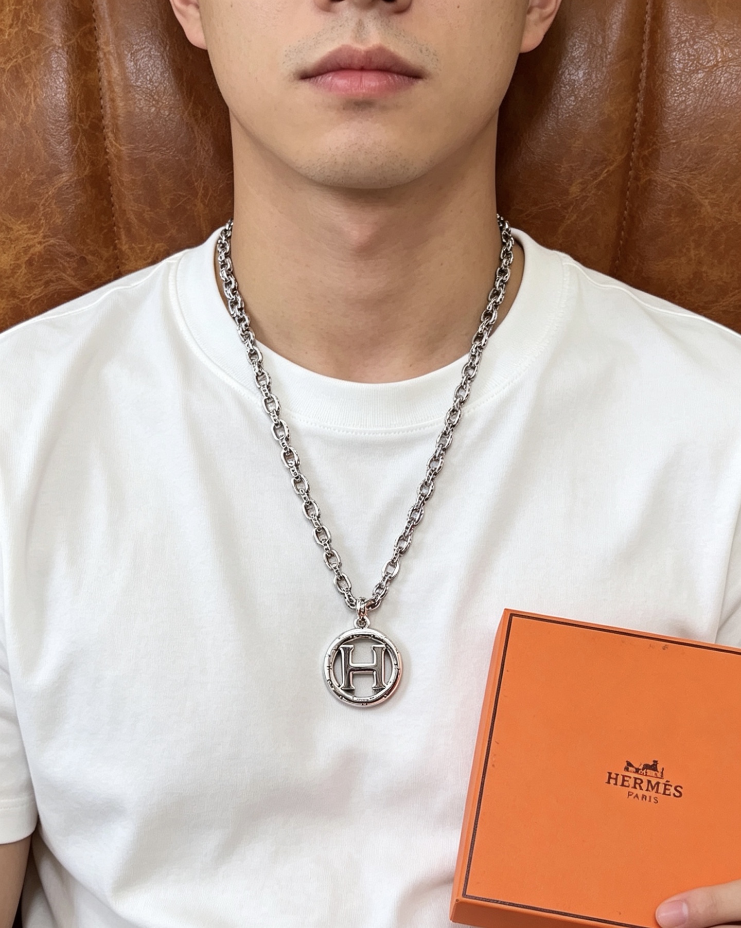 Collana Hermes H Logo con ciondolo a catena Collana in metallo color argento senza pietre preziose 50 cm