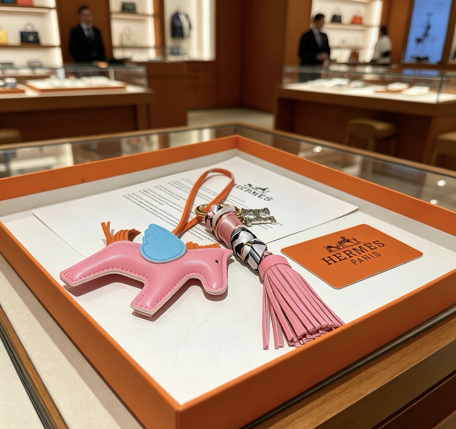 Hermes Rodeo Pegase Tassel H Charm Porte-clés pendentif Cuir rose avec ailes bleu clair crinière orange queue pompon rose matériel en métal doré enveloppe de soie multicolore breloque H argentée 12 cm de longueur totale