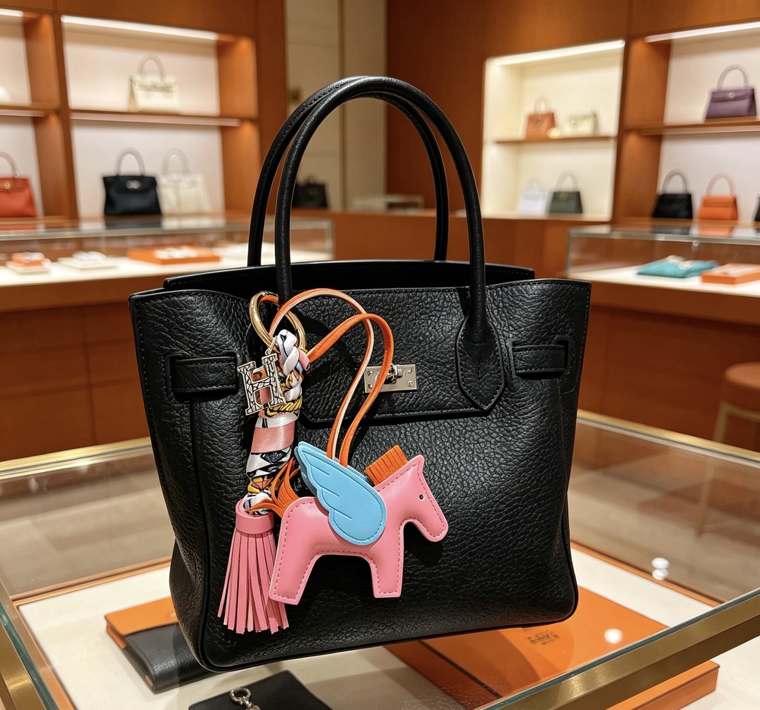 Hermes Rodeo Pegase Tassel H Charm Porte-clés pendentif Cuir rose avec ailes bleu clair crinière orange queue pompon rose matériel en métal doré enveloppe de soie multicolore breloque H argentée 12 cm de longueur totale