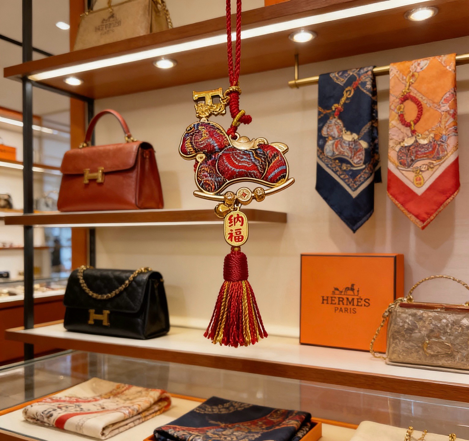 Ciondolo con ciondolo con nappa a cavallo a dondolo per il capodanno cinese di Hermes Metallo color oro con cavallo rosso fantasia multicolore e cordone rosso con nappa dorata 8 cm di lunghezza totale incluso