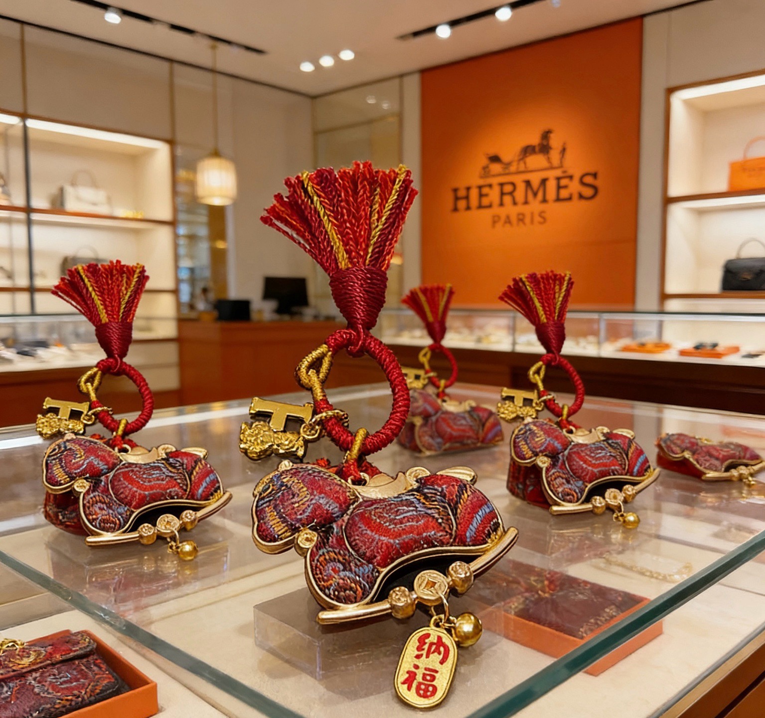 Ciondolo con ciondolo con nappa a cavallo a dondolo per il capodanno cinese di Hermes Metallo color oro con cavallo rosso fantasia multicolore e cordone rosso con nappa dorata 8 cm di lunghezza totale incluso