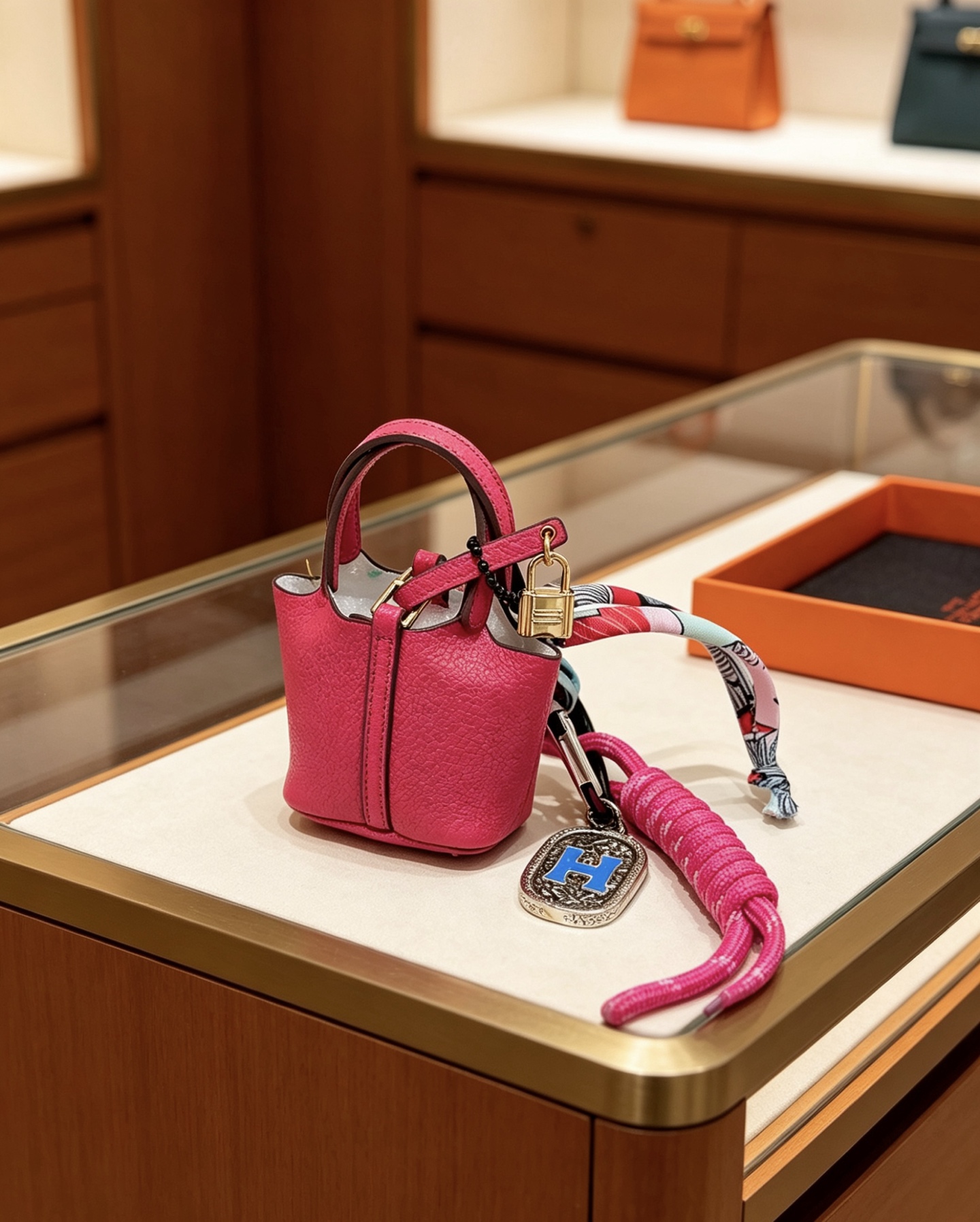 Pendentif Hermes Mini Picotin Lock Bag Charm Cuir grainé rose rose Quincaillerie en métal doré rose Métal argenté avec émail bleu Logo H Accent en twilly de soie imprimé multicolore Longueur totale 20 cm