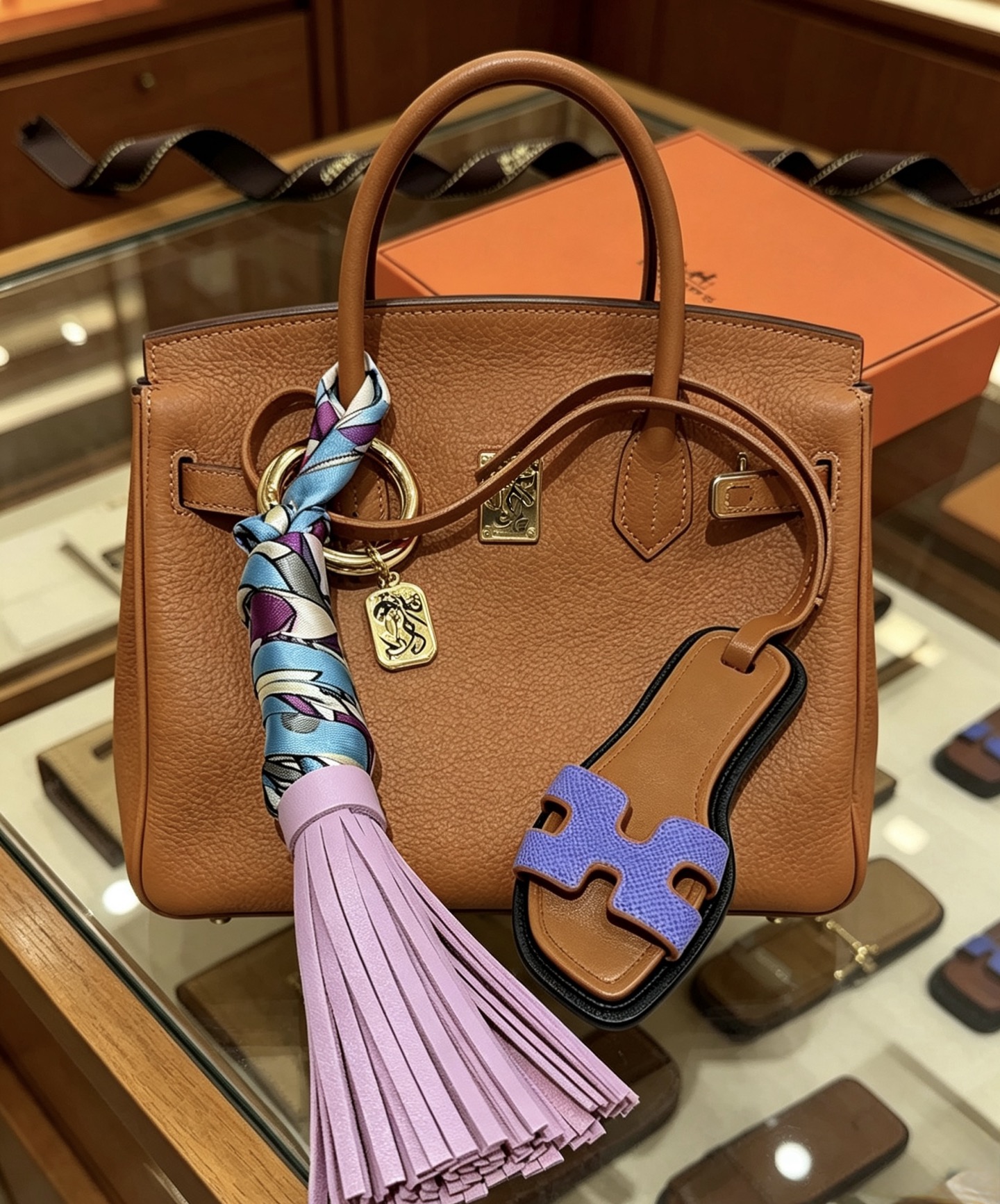 Hermes Oran Sandal Tassel Bag Charm pendant Gold-tone metal tan leather lavender purple leather tassel blue purple white printed silk lilac purple Epsom leather H detail black edge trim 18cm strap length