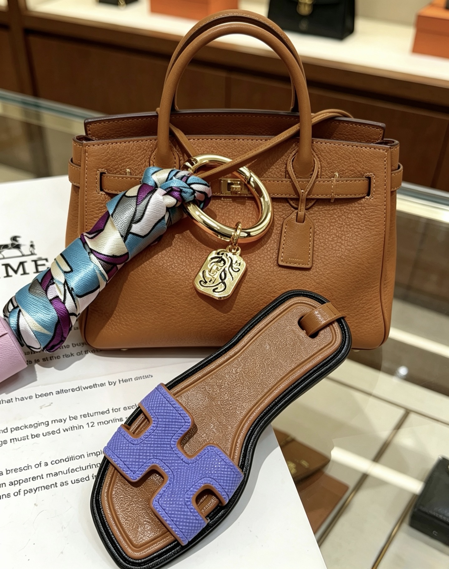 Hermes Oran Sandal Tassel Bag Charm pendant Gold-tone metal tan leather lavender purple leather tassel blue purple white printed silk lilac purple Epsom leather H detail black edge trim 18cm strap length