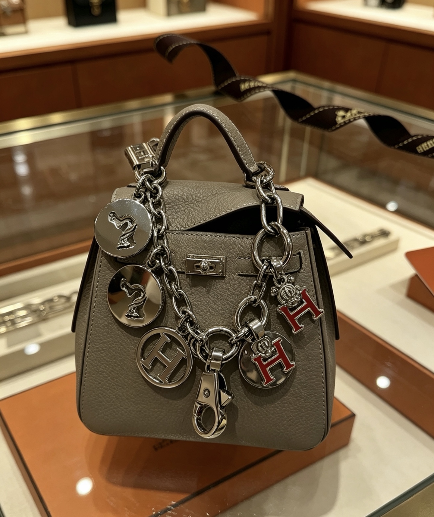 Ciondolo portachiavi Hermes Olga Charm Metallo color argento con accento H smaltato rosso 12 cm