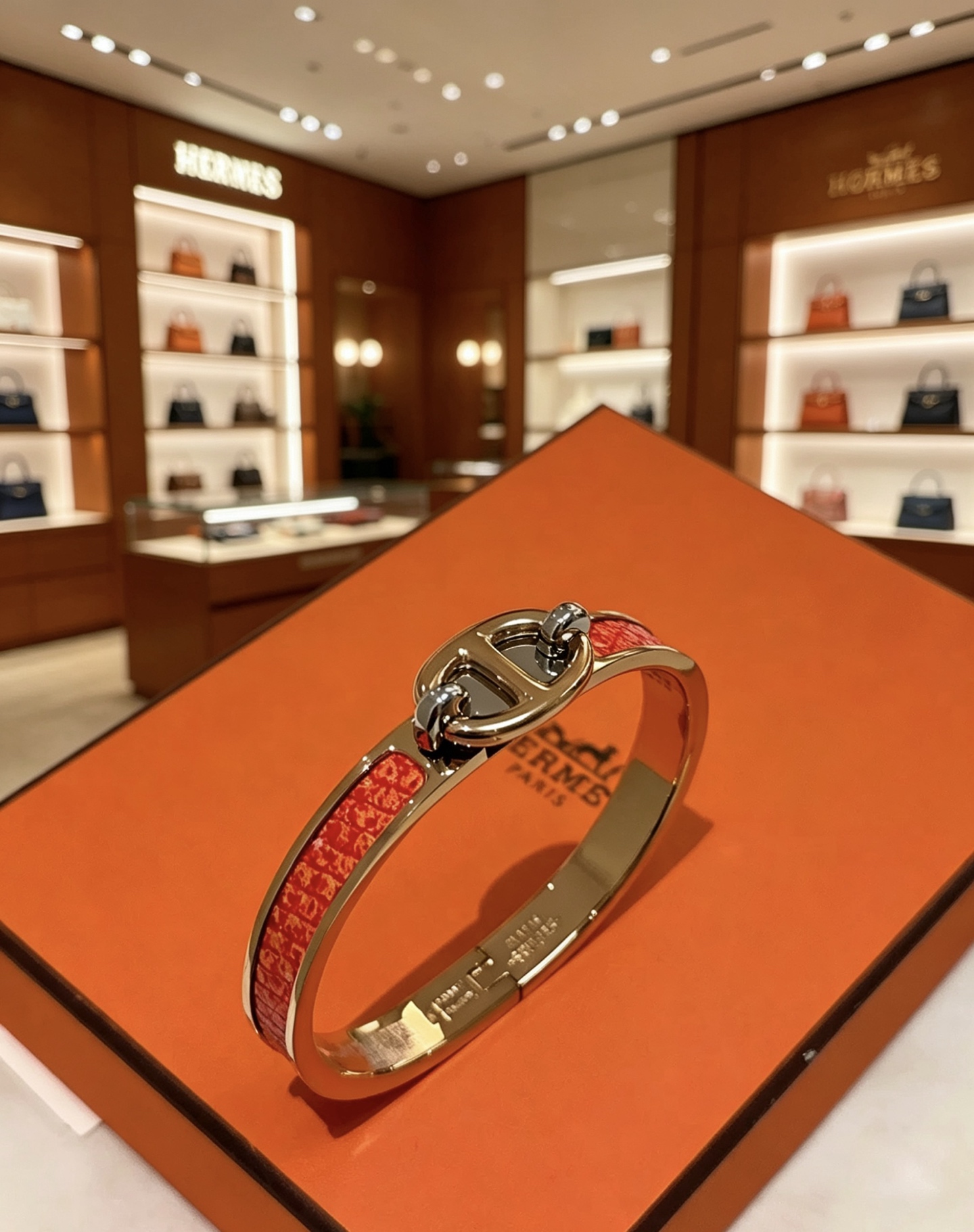 Bracciale Hermes Mini Clic Chaine d Ancre Metallo placcato oro rosa con inserto in smalto rosso 17 cm
