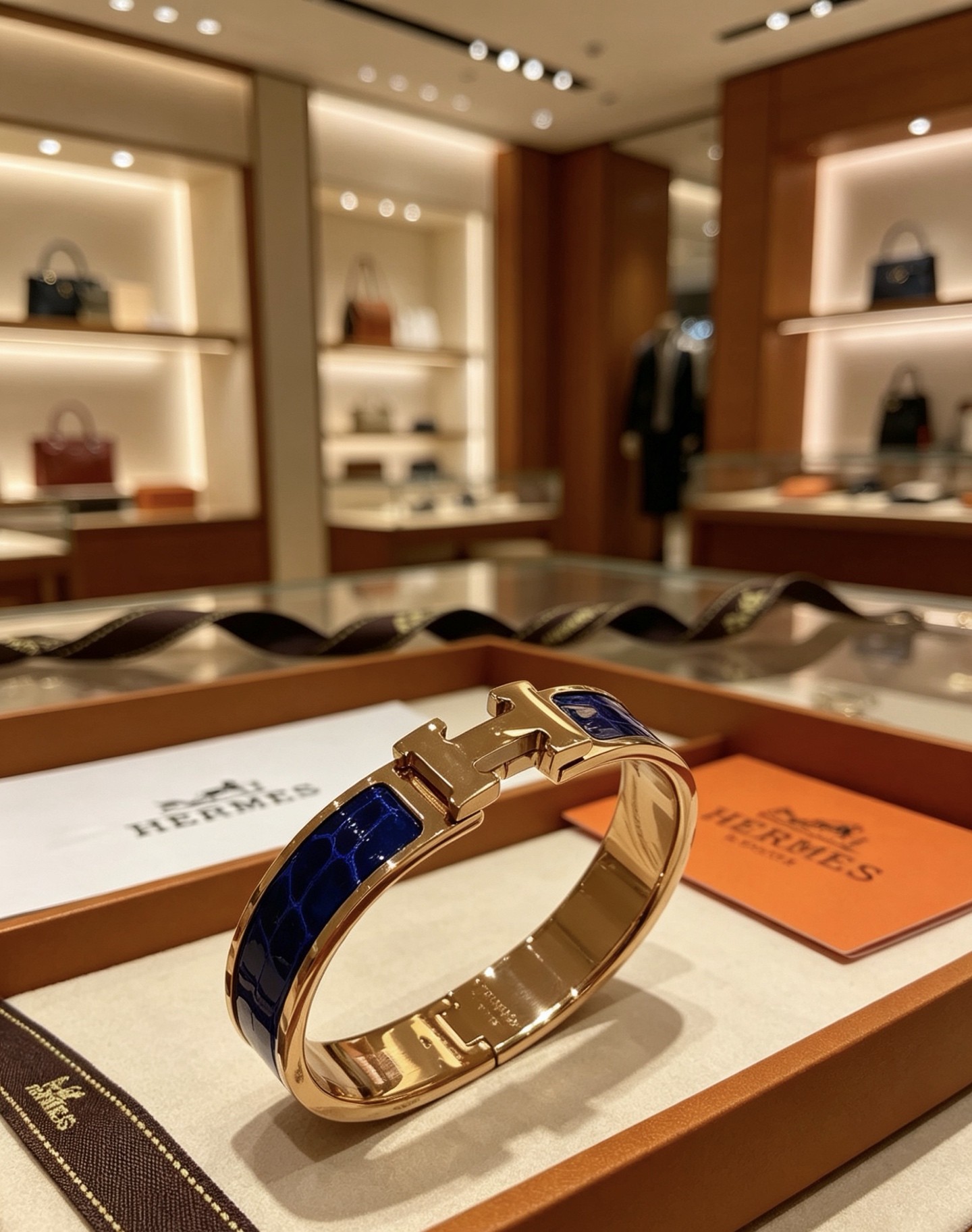 Bracciale Hermes Clic Clac H in metallo placcato oro rosa con smalto goffrato coccodrillo blu intenso PM