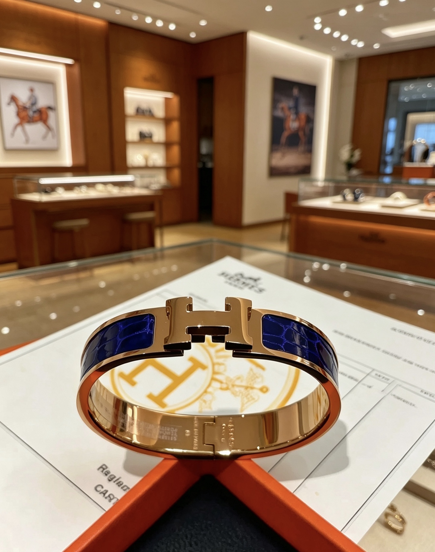 Bracciale Hermes Clic Clac H in metallo placcato oro rosa con smalto goffrato coccodrillo blu intenso PM