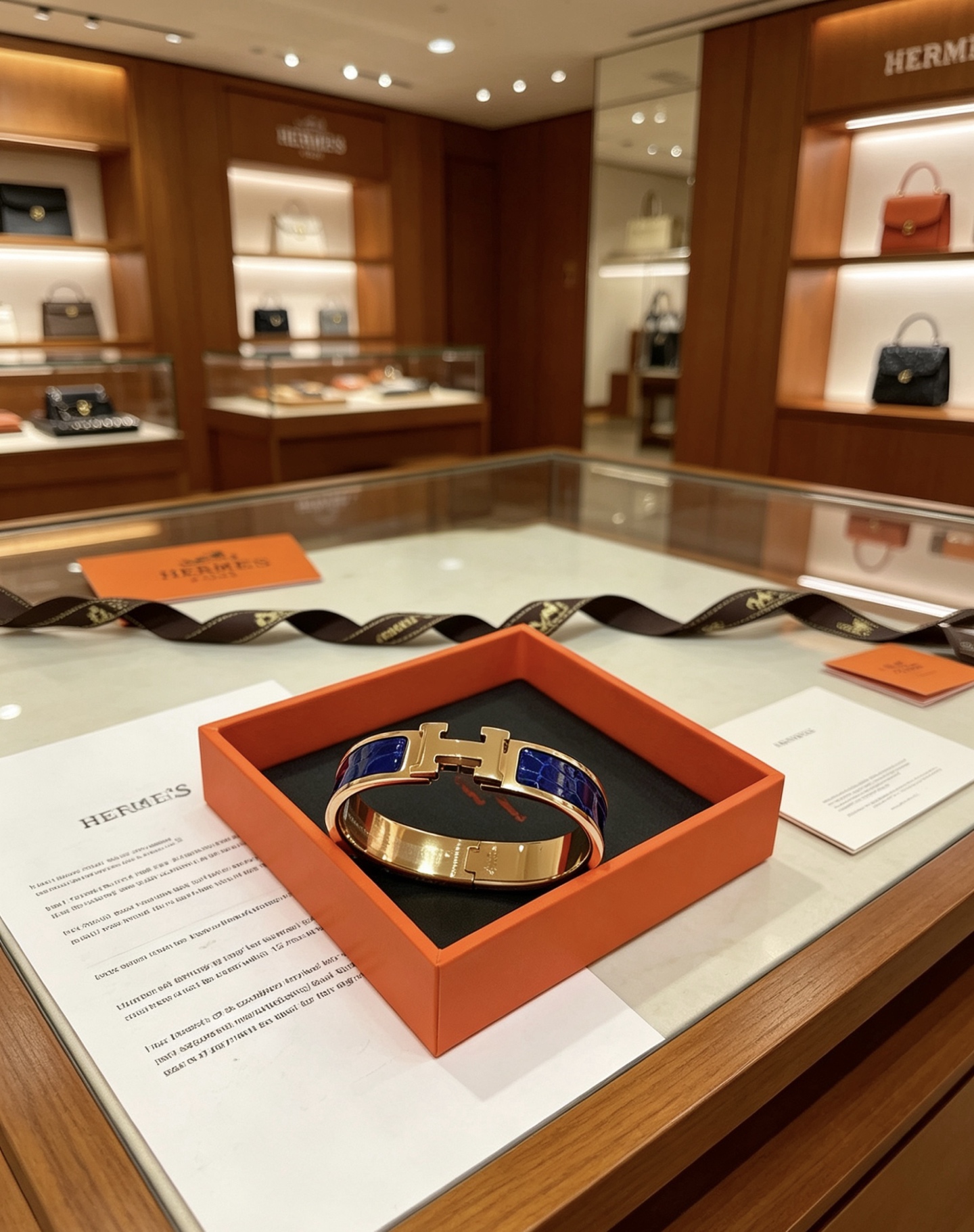 Bracciale Hermes Clic Clac H in metallo placcato oro rosa con smalto goffrato coccodrillo blu intenso PM