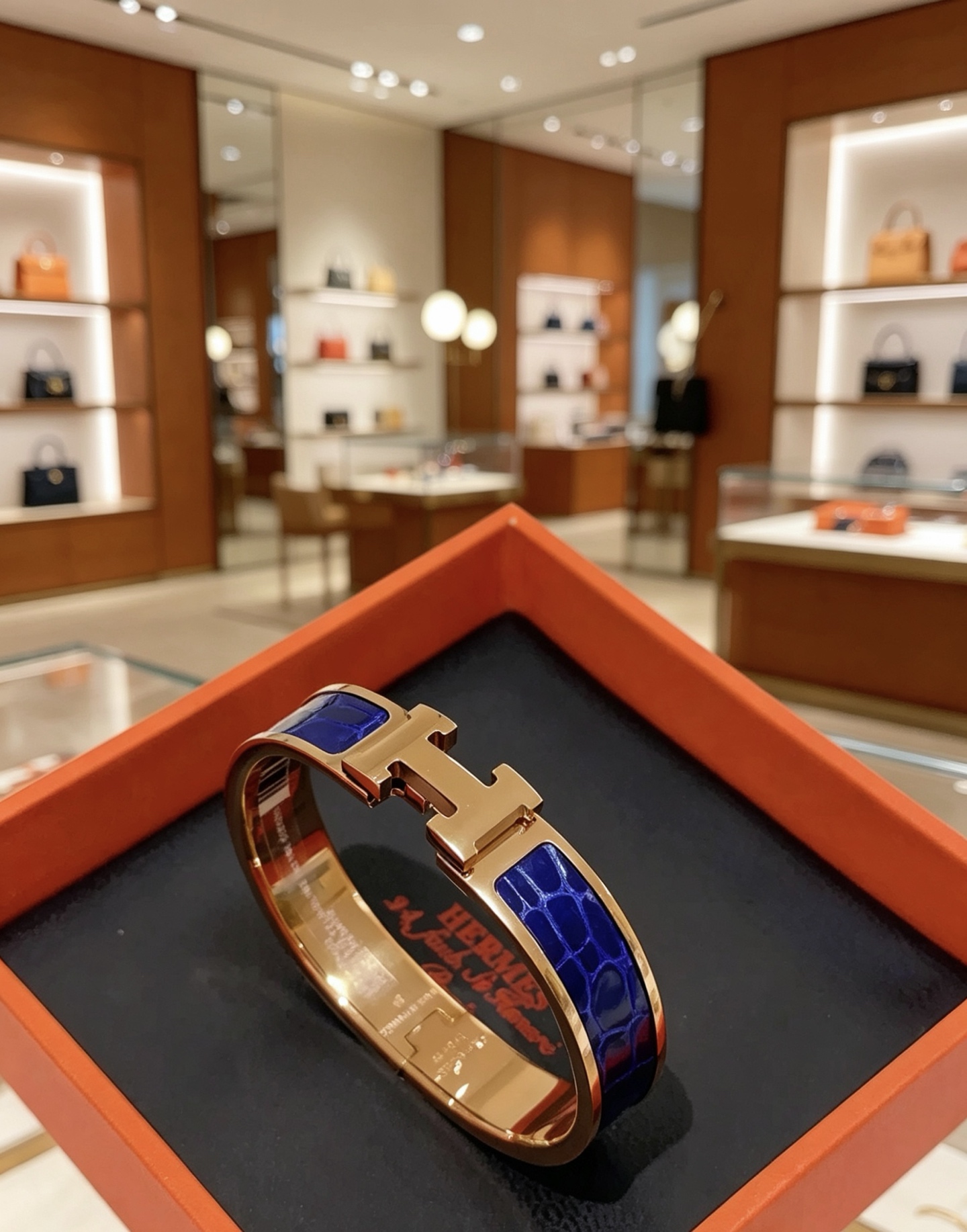 Bracciale Hermes Clic Clac H in metallo placcato oro rosa con smalto goffrato coccodrillo blu intenso PM