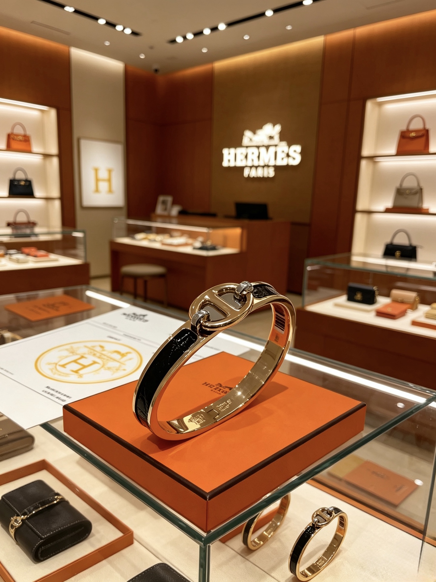 Bracciale Hermes Clic Chaine d Ancre in metallo placcato oro rosa con smalto nero PM
