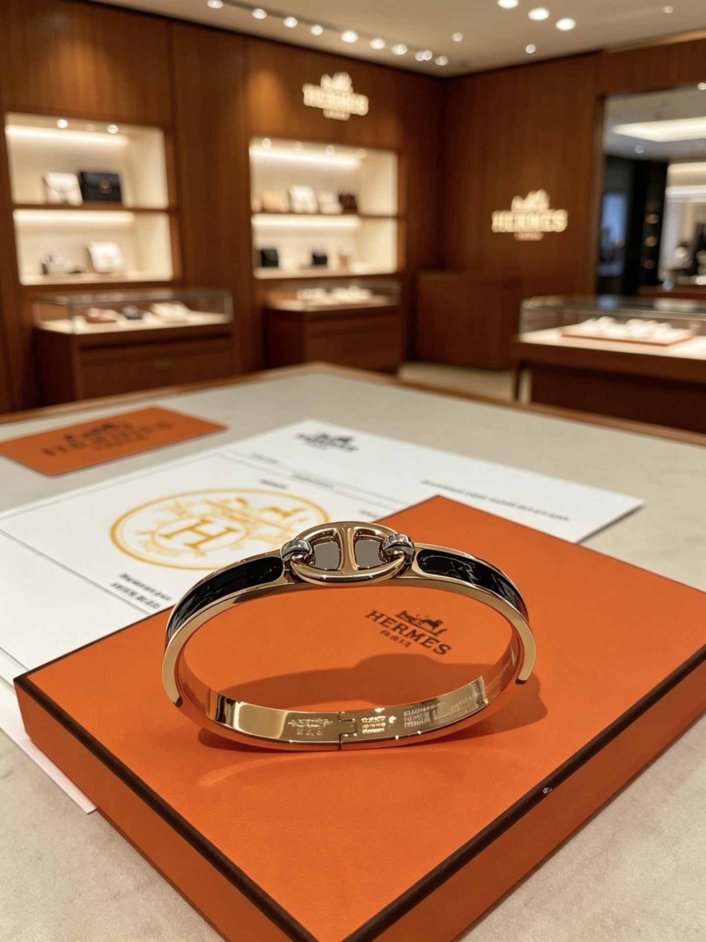 Bracciale Hermes Clic Chaine d Ancre in metallo placcato oro rosa con smalto nero PM