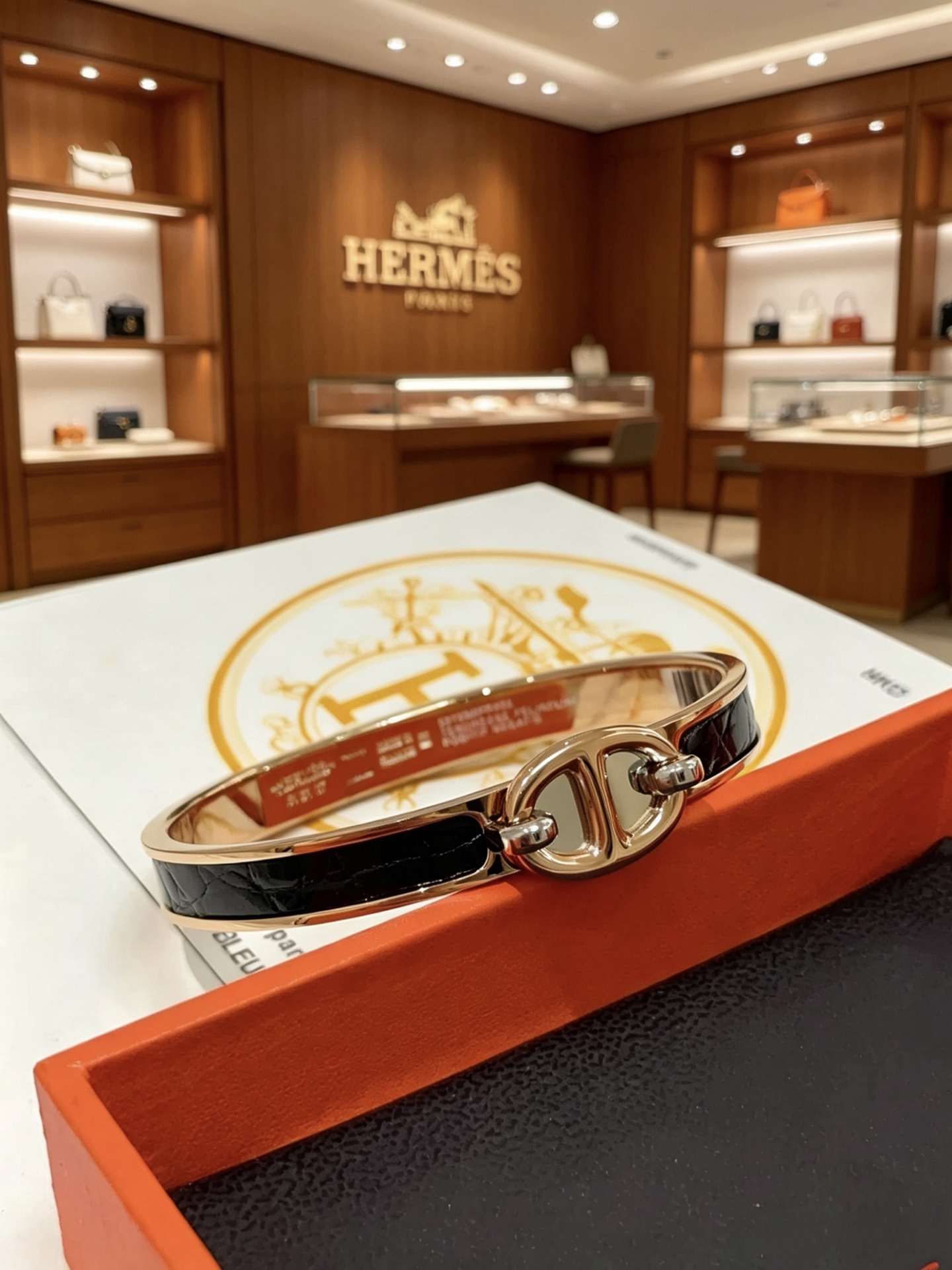 Bracciale Hermes Clic Chaine d Ancre in metallo placcato oro rosa con smalto nero PM
