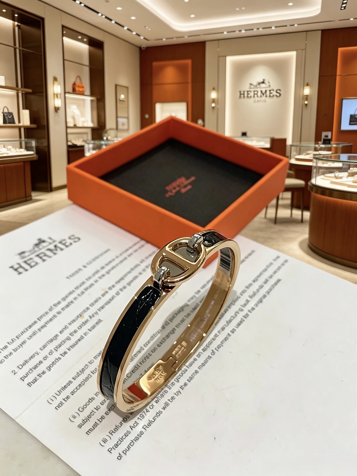 Bracciale Hermes Clic Chaine d Ancre in metallo placcato oro rosa con smalto nero PM