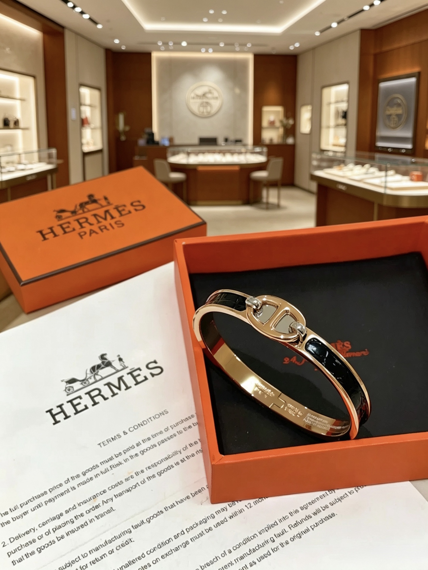 Bracciale Hermes Clic Chaine d Ancre in metallo placcato oro rosa con smalto nero PM