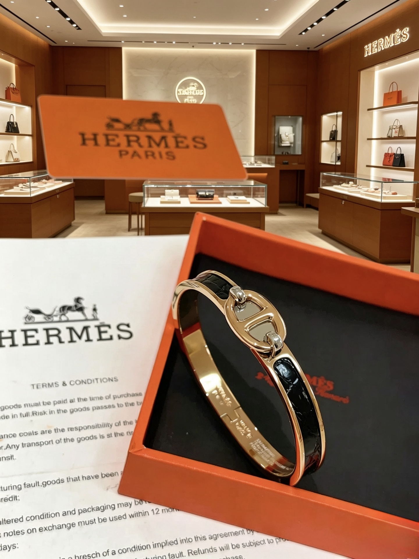 Bracciale Hermes Clic Chaine d Ancre in metallo placcato oro rosa con smalto nero PM