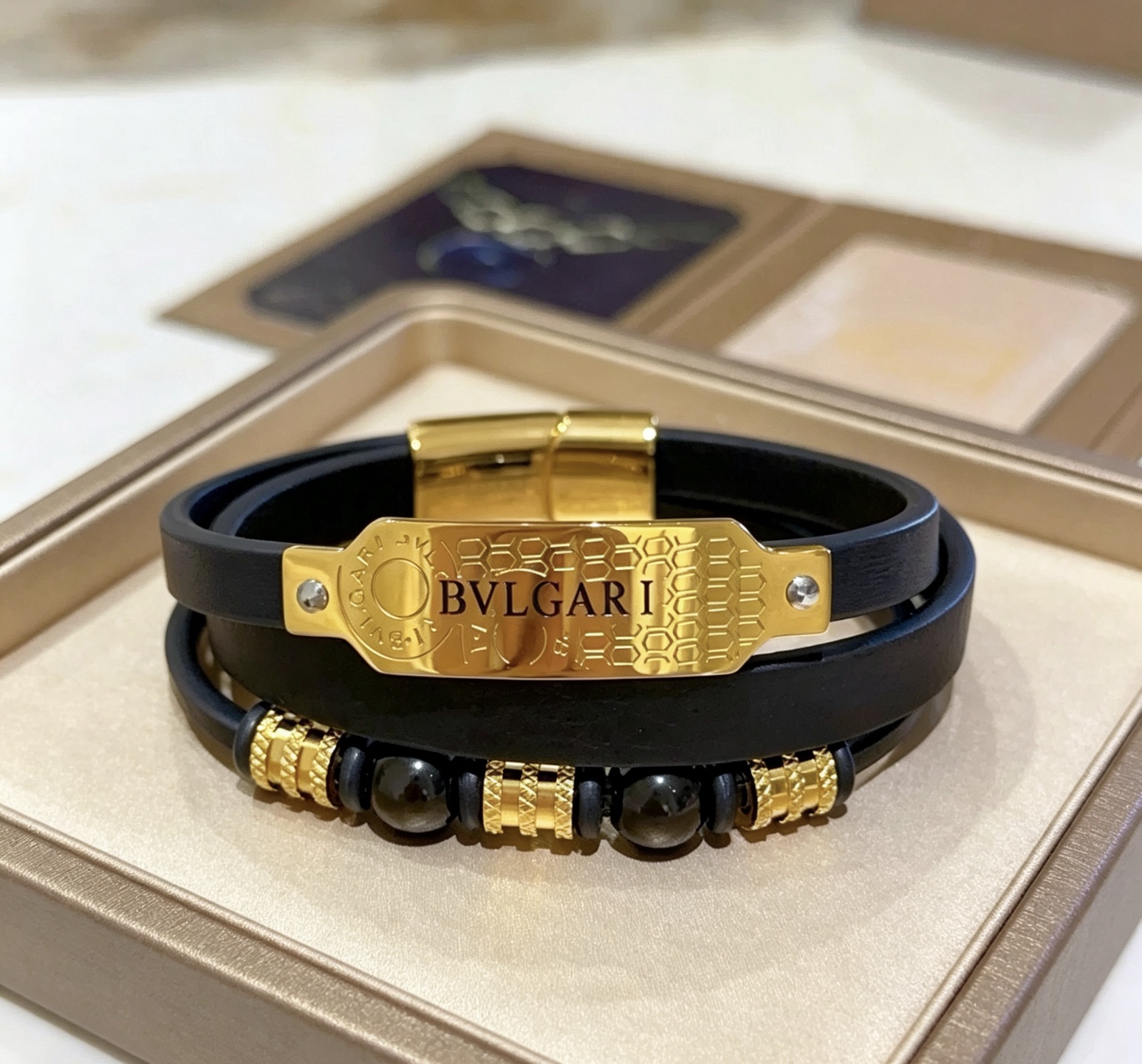 Bvlgari B zero1 Coiled Leather Bracelet bracelet Black leather yellow gold-tone metal black onyx beads 19cm