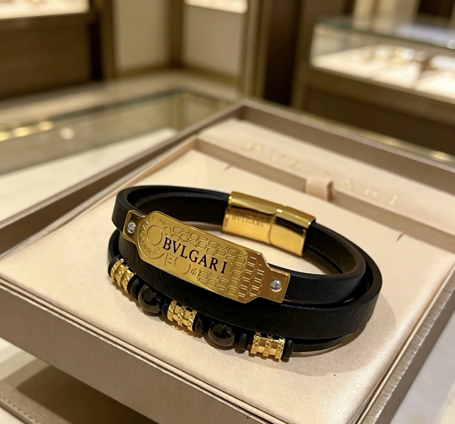 Bvlgari B zero1 Coiled Leather Bracelet bracelet Black leather yellow gold-tone metal black onyx beads 19cm